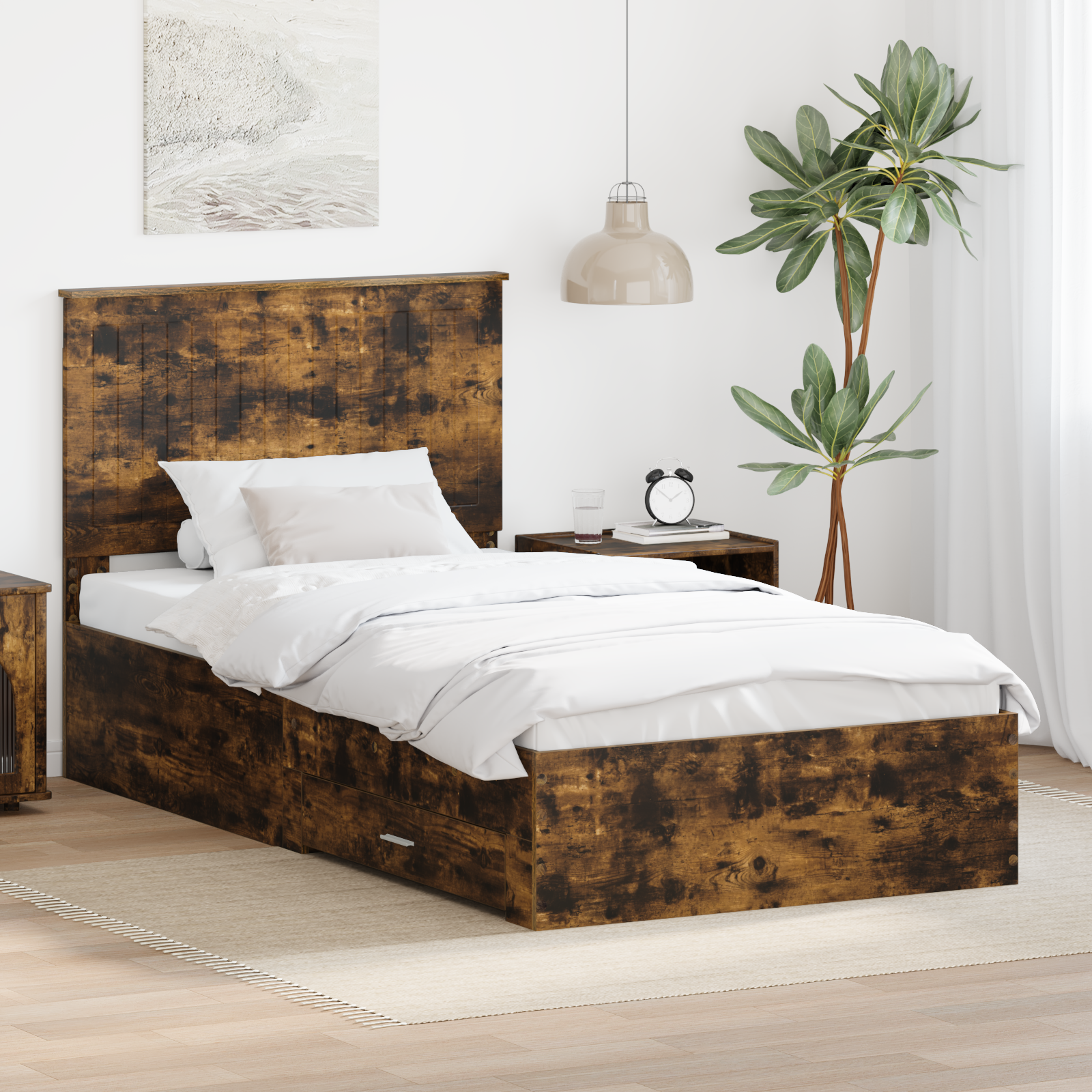 Sängram med huvudgavel Rökt ek 100 x 200 cm Konstruerat trä