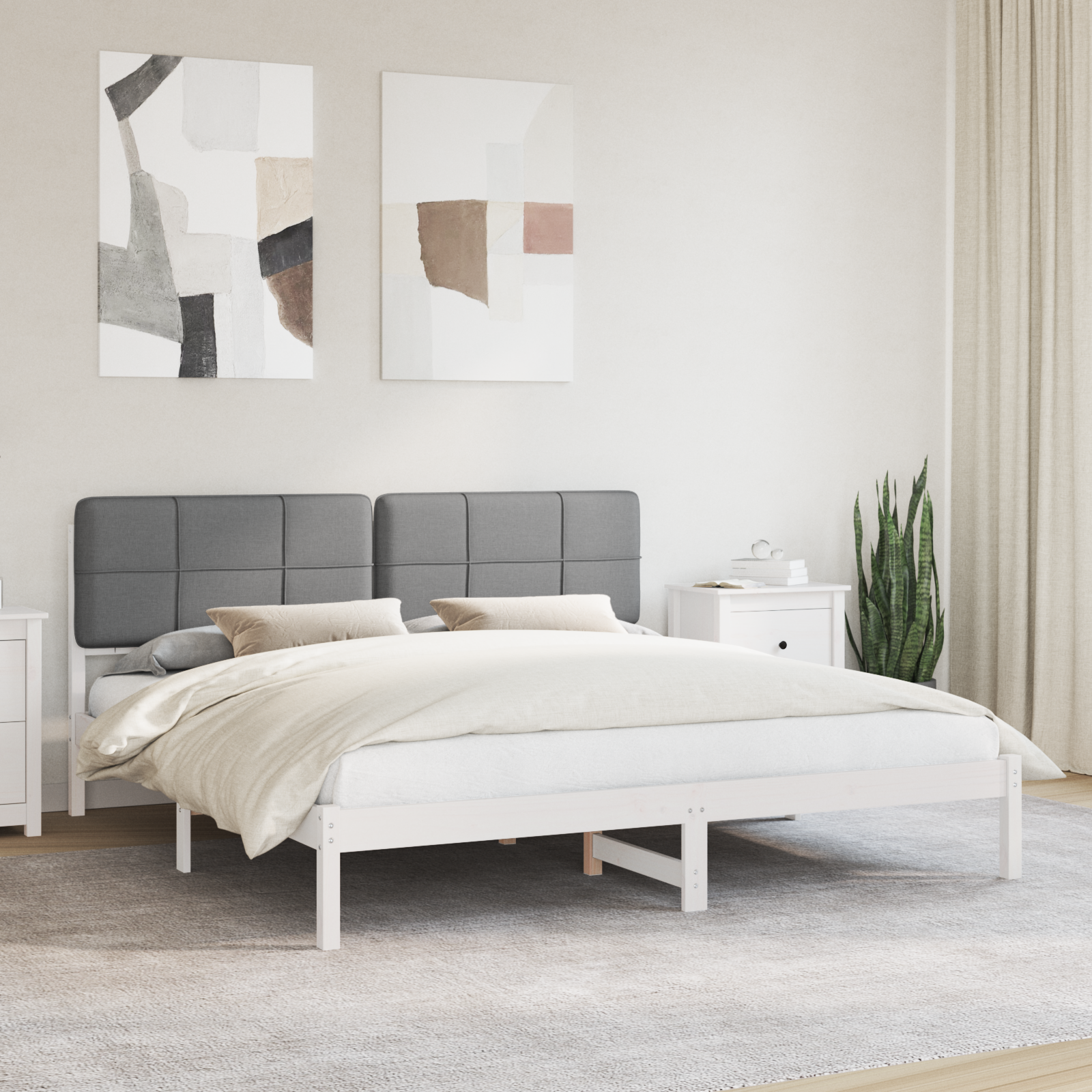 Sängram med Klädd Huvudgavel Ljusgrå 180 x 200 cm Massiv furu