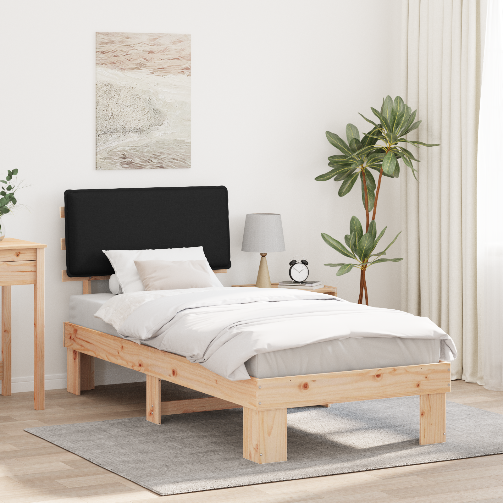 Sängram med Klädd Huvudgavel Svart 90 x 200 cm Massiv furu