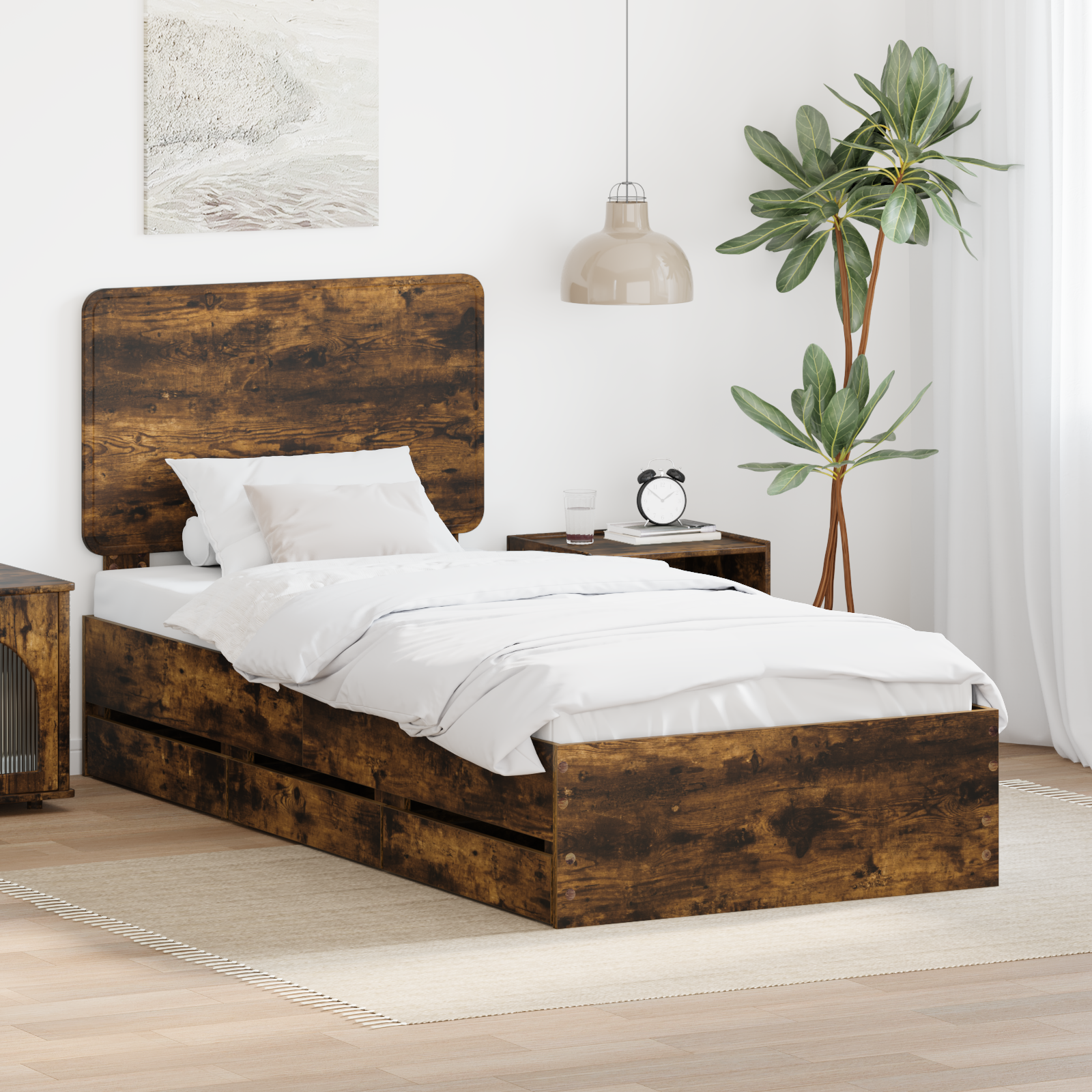 Sängram med låda med lagring Rökt ek 90 x 200 cm Ingenjörsträ