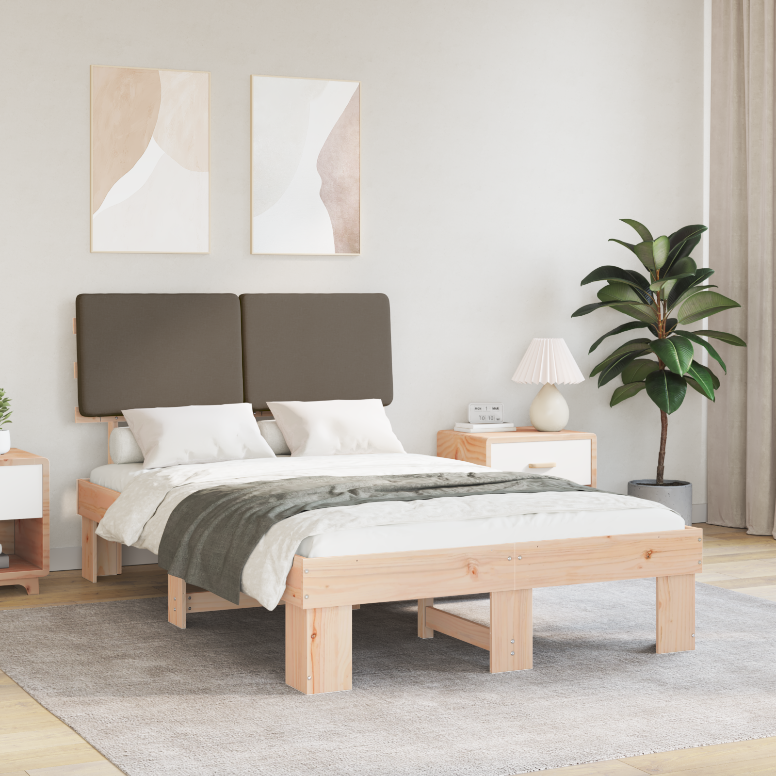 Sängram med Klädd Huvudgavel Taupe 120 x 200 cm Massiv furu