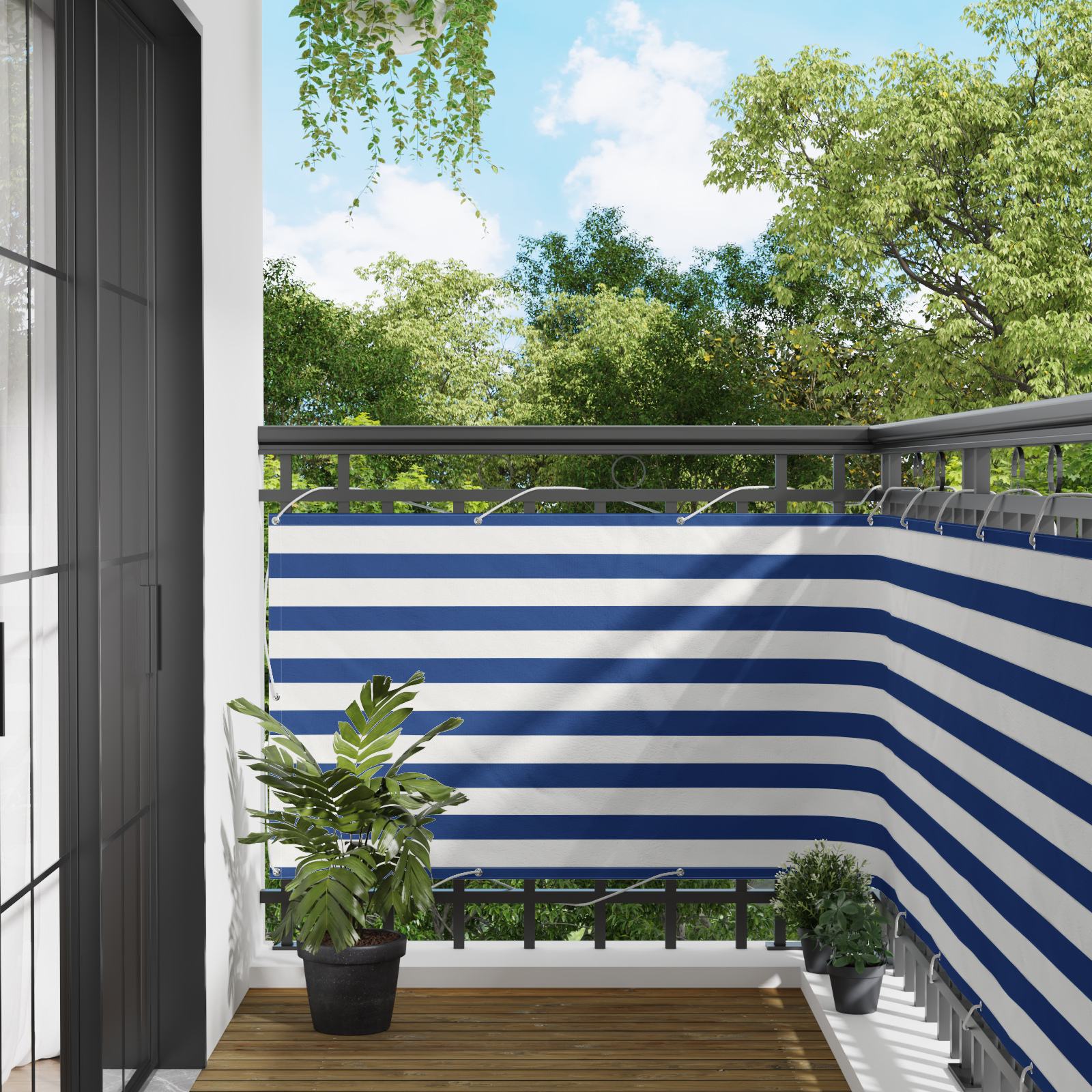 Balkong Skärm Blå och Vit 100 x 500 cm PU-belagt oxford alu