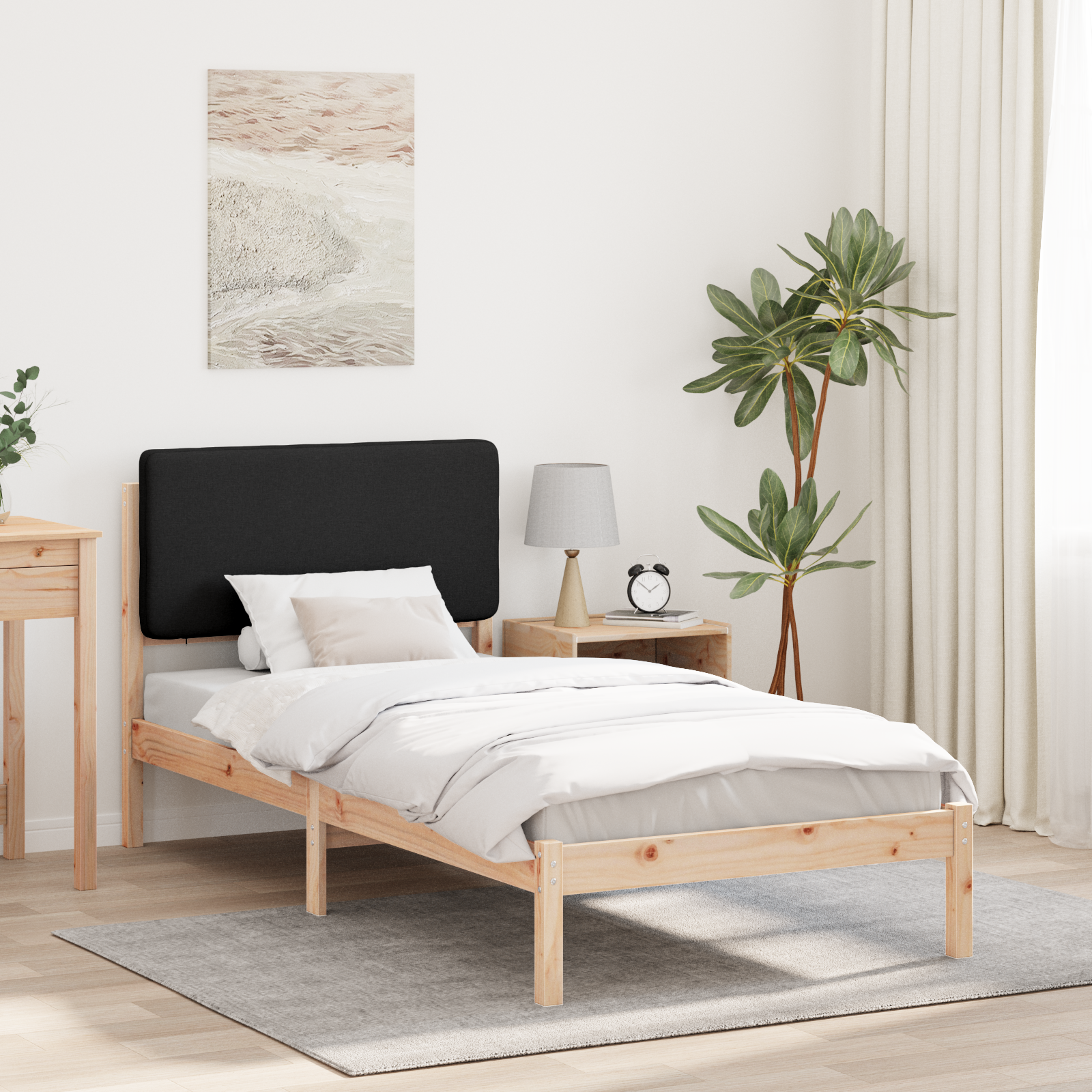 Sängram med Klädd Huvudgavel Svart 90 x 200 cm Massiv furu