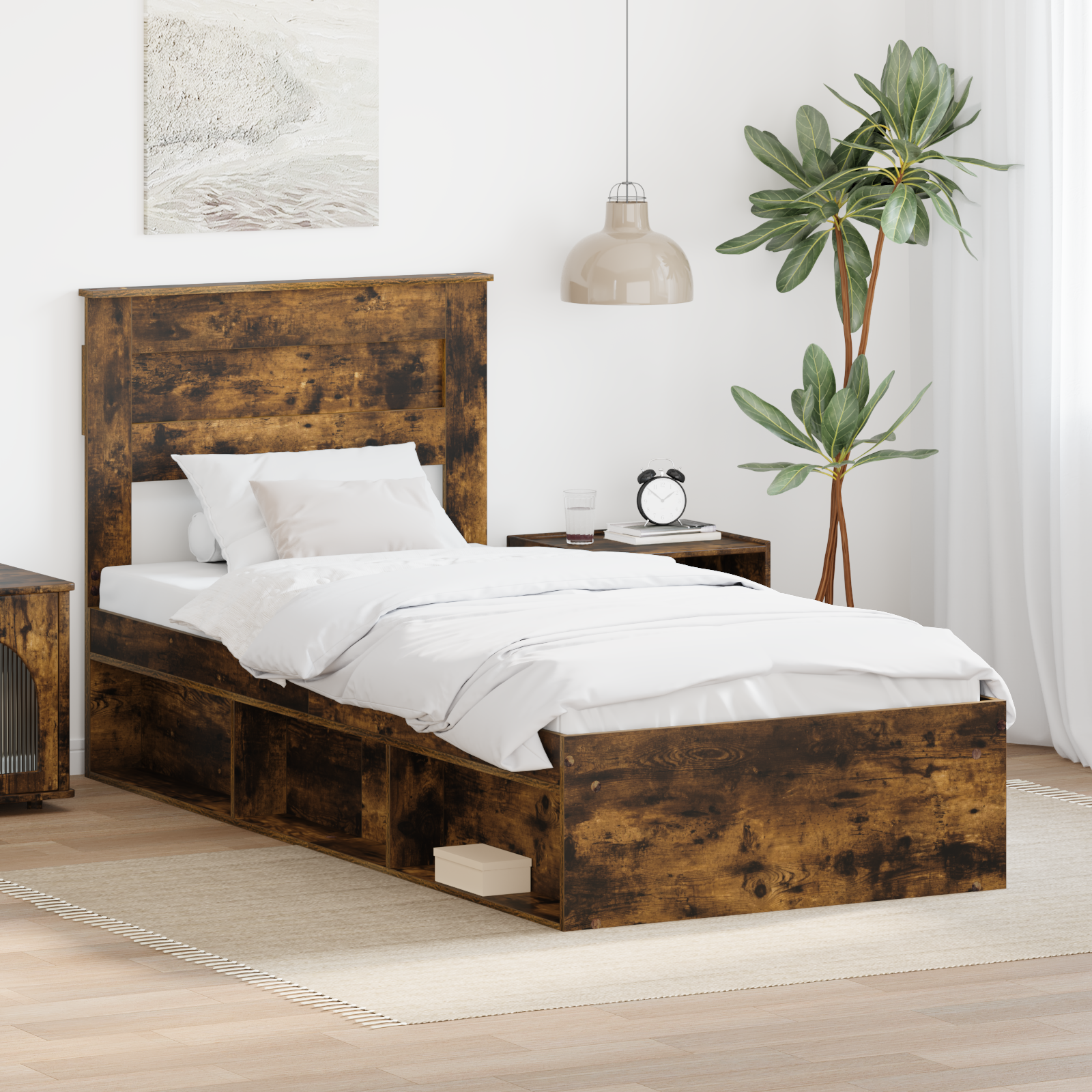 Sängram med huvudgavel Rökt ek 75 x 190 cm Massiv furu
