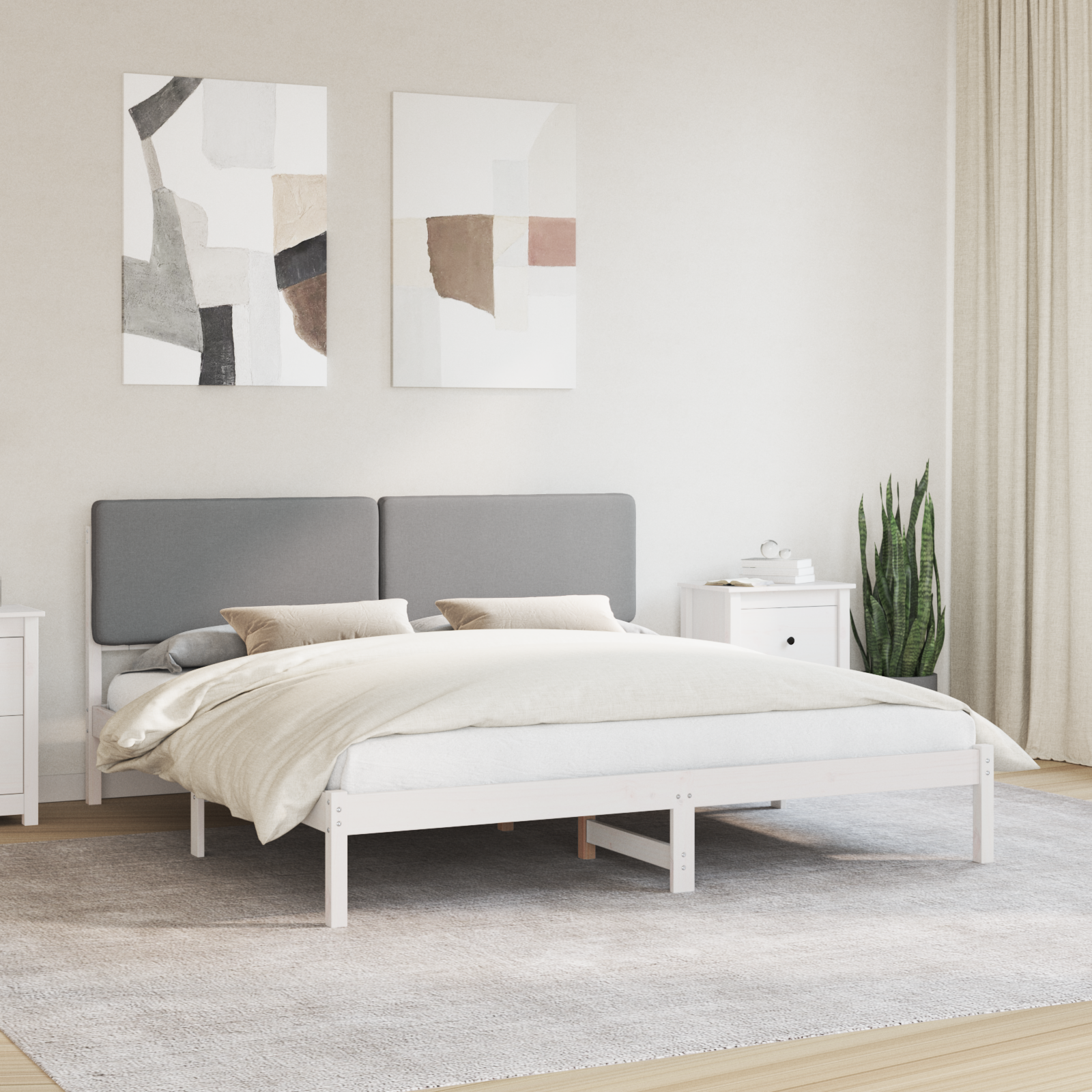 Sängram med Klädd Huvudgavel Ljusgrå 180 x 200 cm Massiv furu