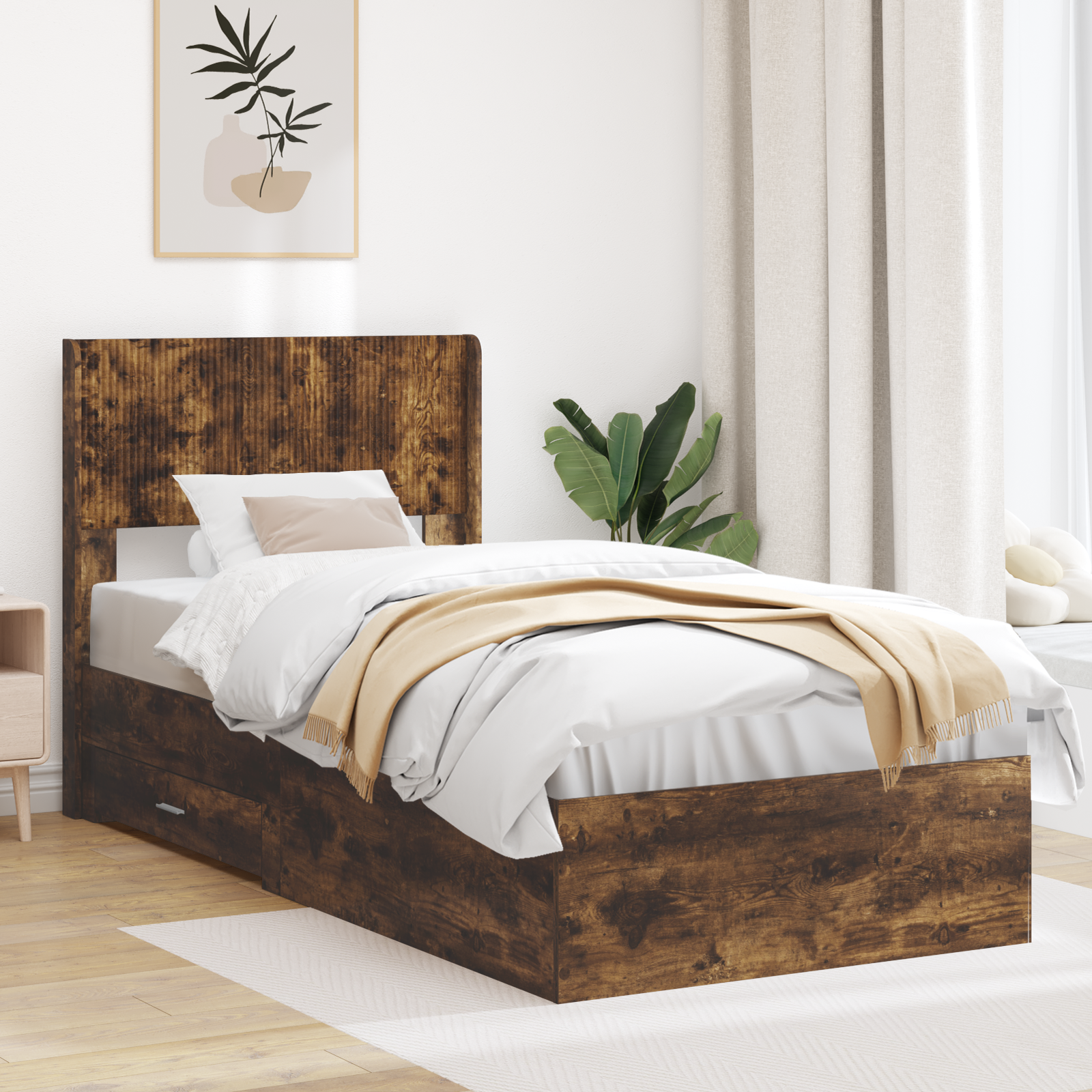 Sängram med förvaring och huvudgavel Rökt ek 100 x 200 cm