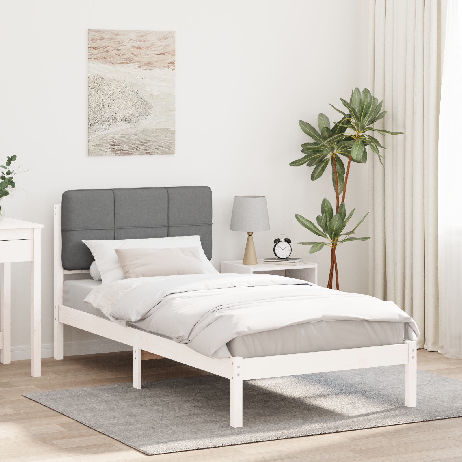 Sängram med Klädd Huvudgavel Ljusgrå 90 x 200 cm Massiv furu