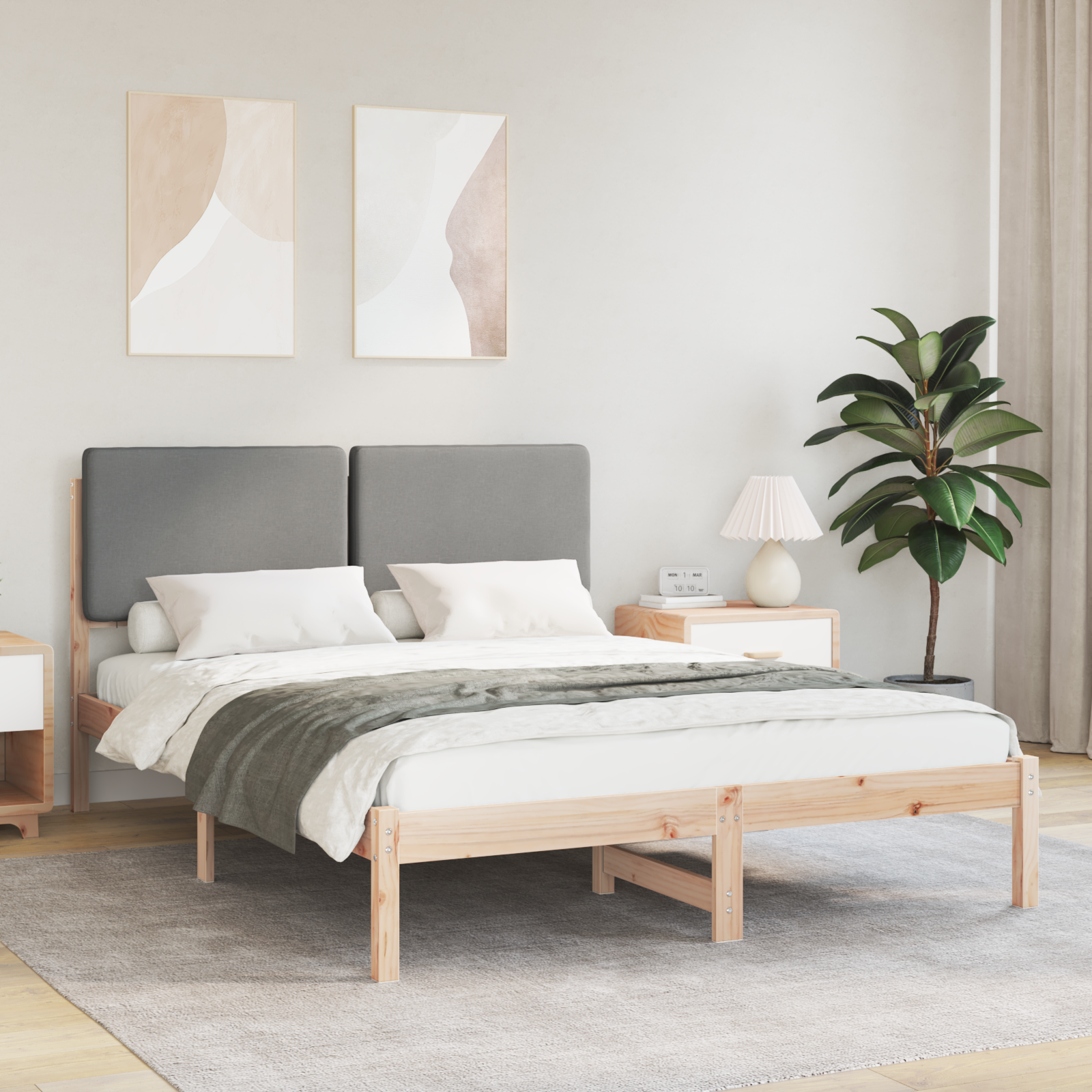 Sängram med Klädd Huvudgavel Ljusgrå 140 x 190 cm Massiv furu