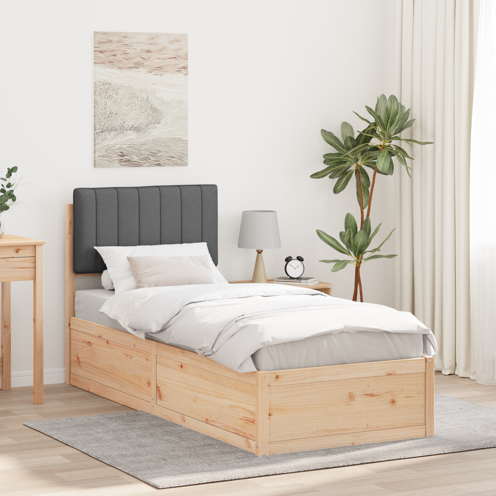 Sängram med Klädd Huvudgavel Mörkgrå 75 x 190 cm Massiv furu
