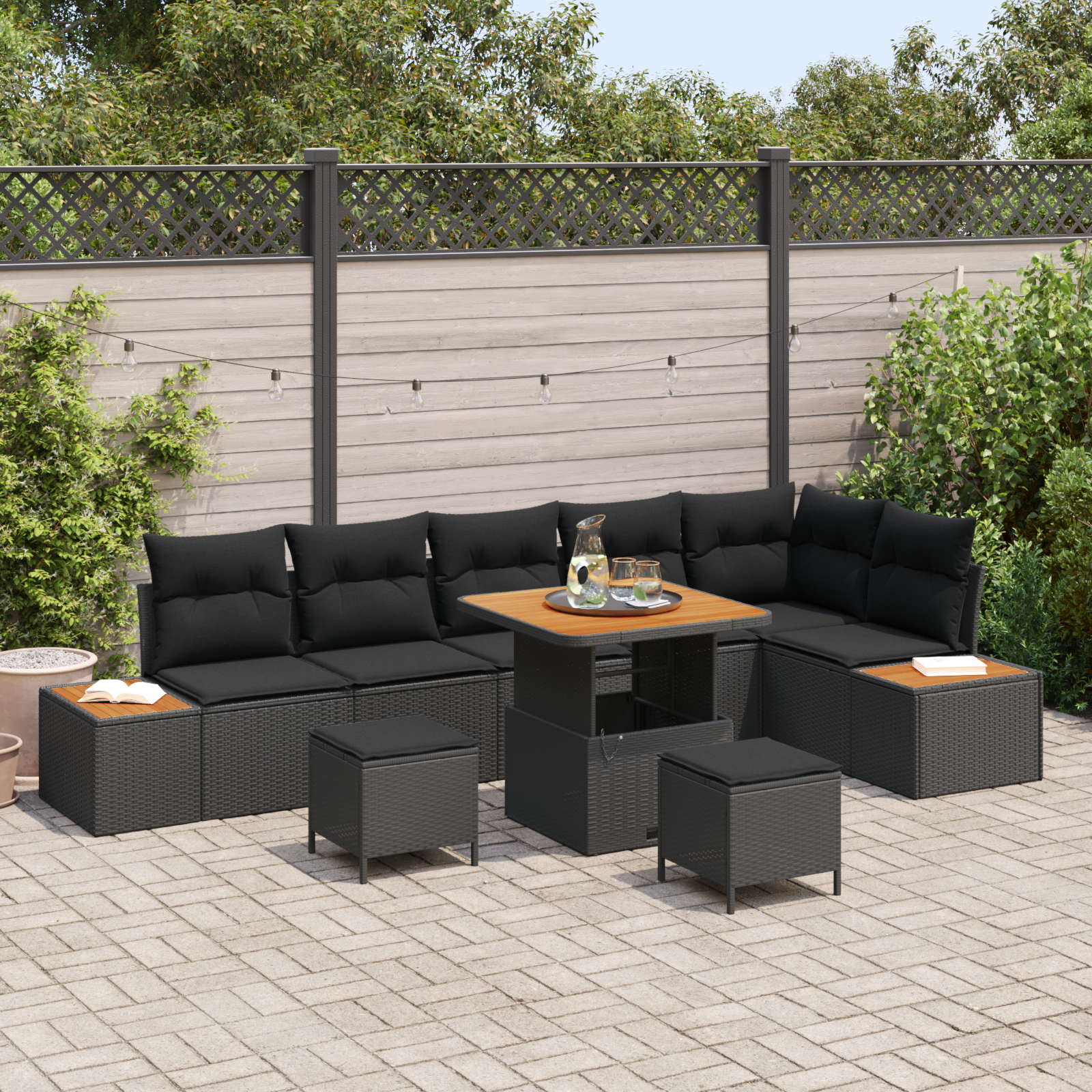 Trädgårdsoffset med kudde med lagring 9 pcs Svart Poly rattan