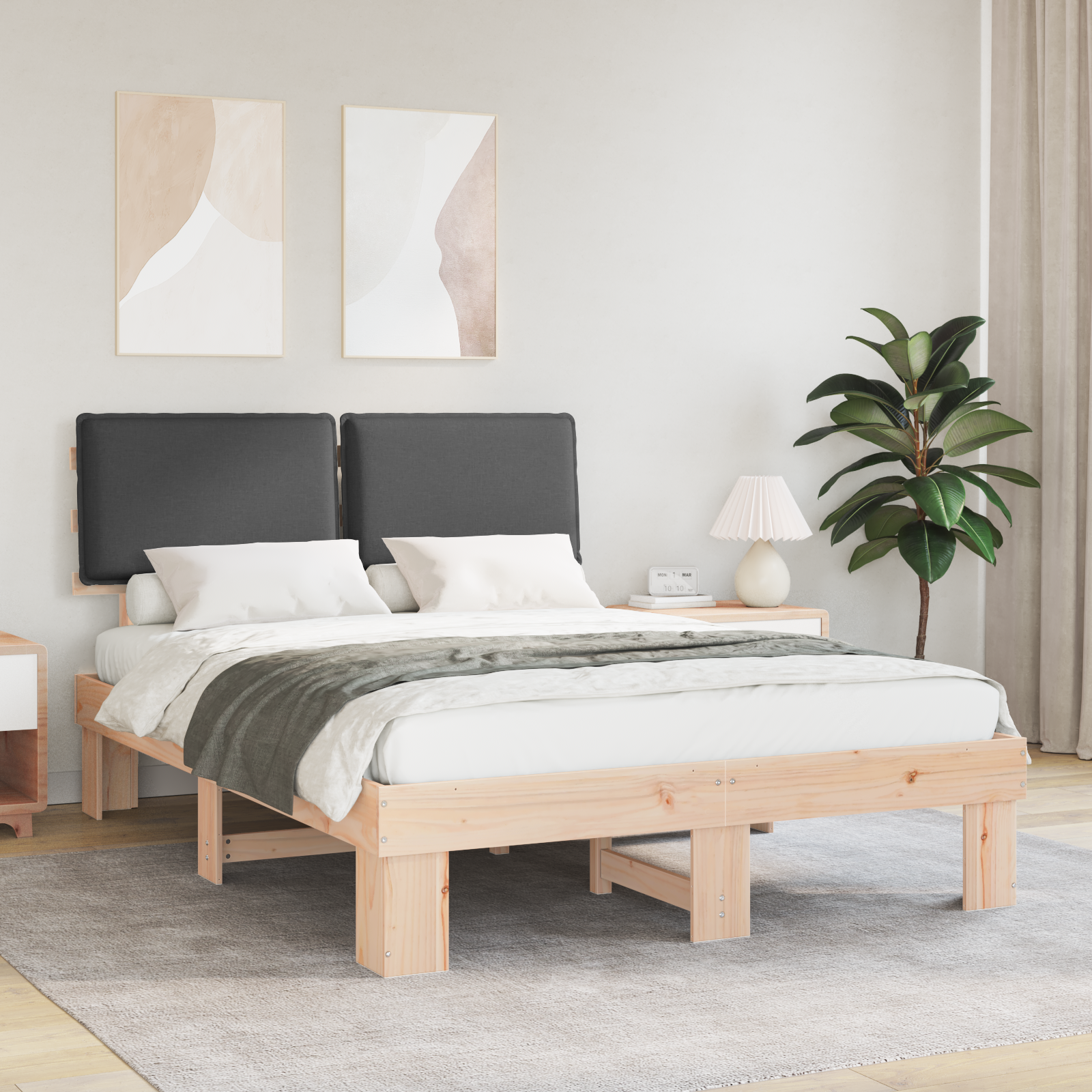 Sängram med Klädd Huvudgavel Mörkgrå 150 x 200 cm Massiv furu