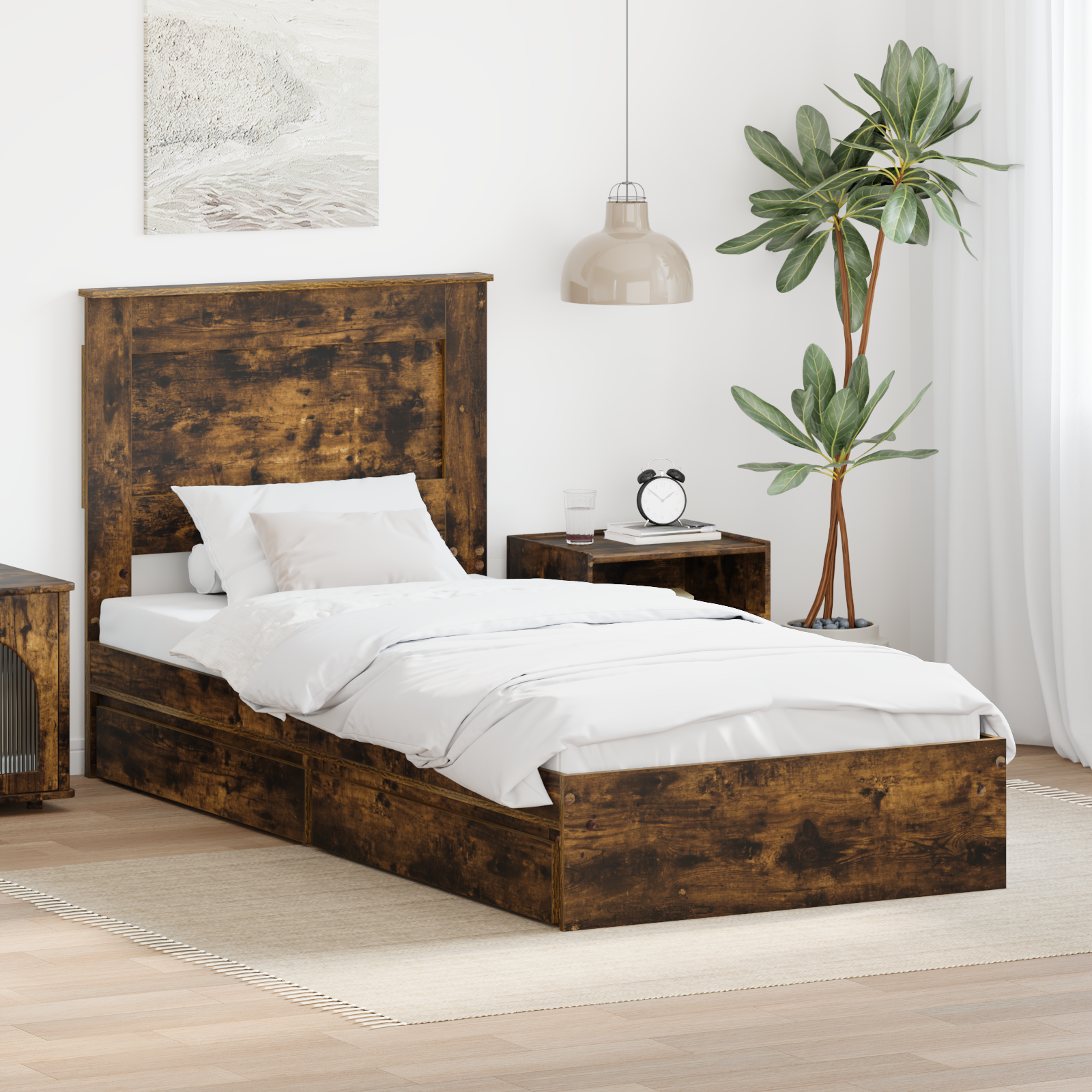 Förvaringssäng med låda Rökt ek 90 x 190 cm Konstruerat trä