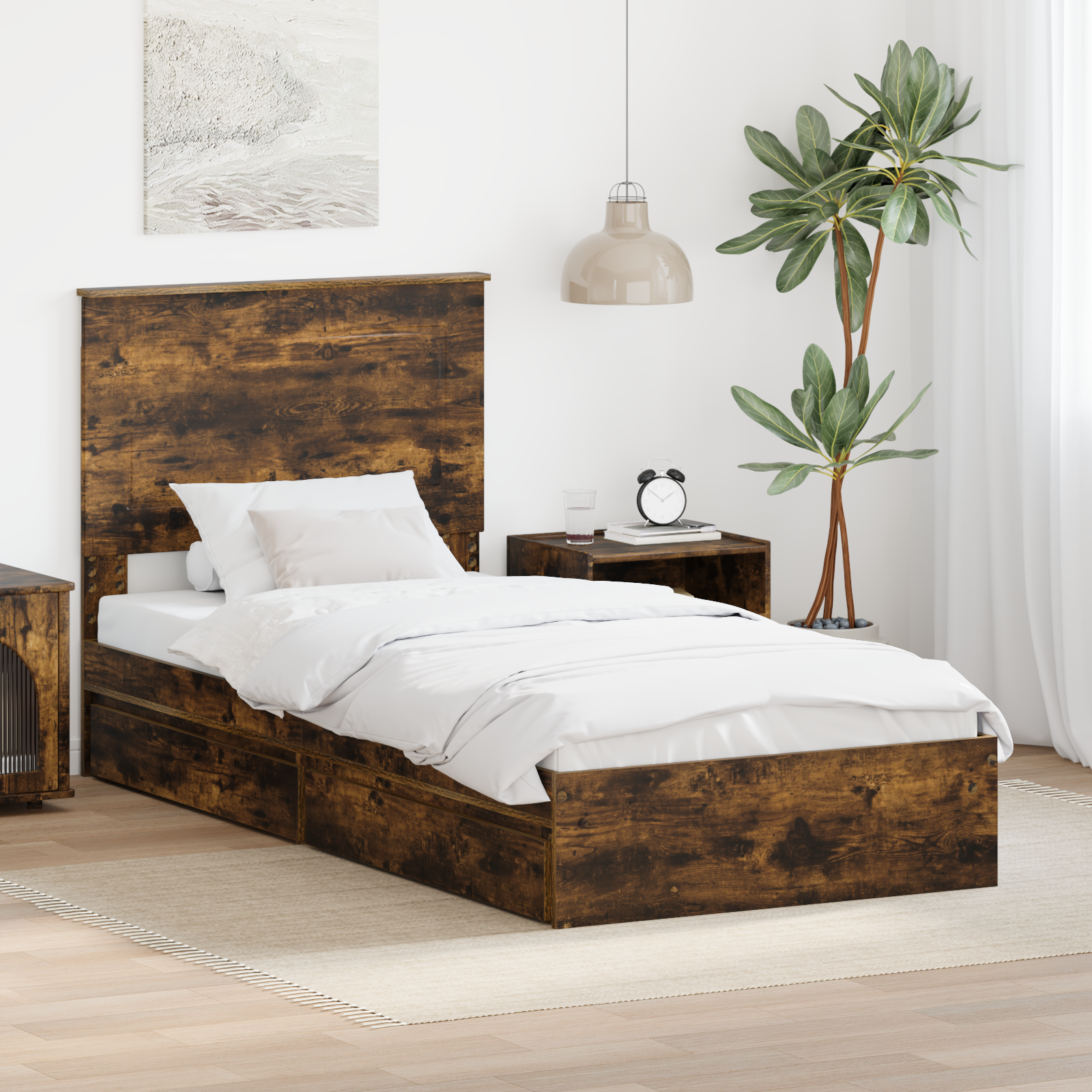 Förvaringssäng med låda Rökt ek 100 x 200 cm Konstruerat trä