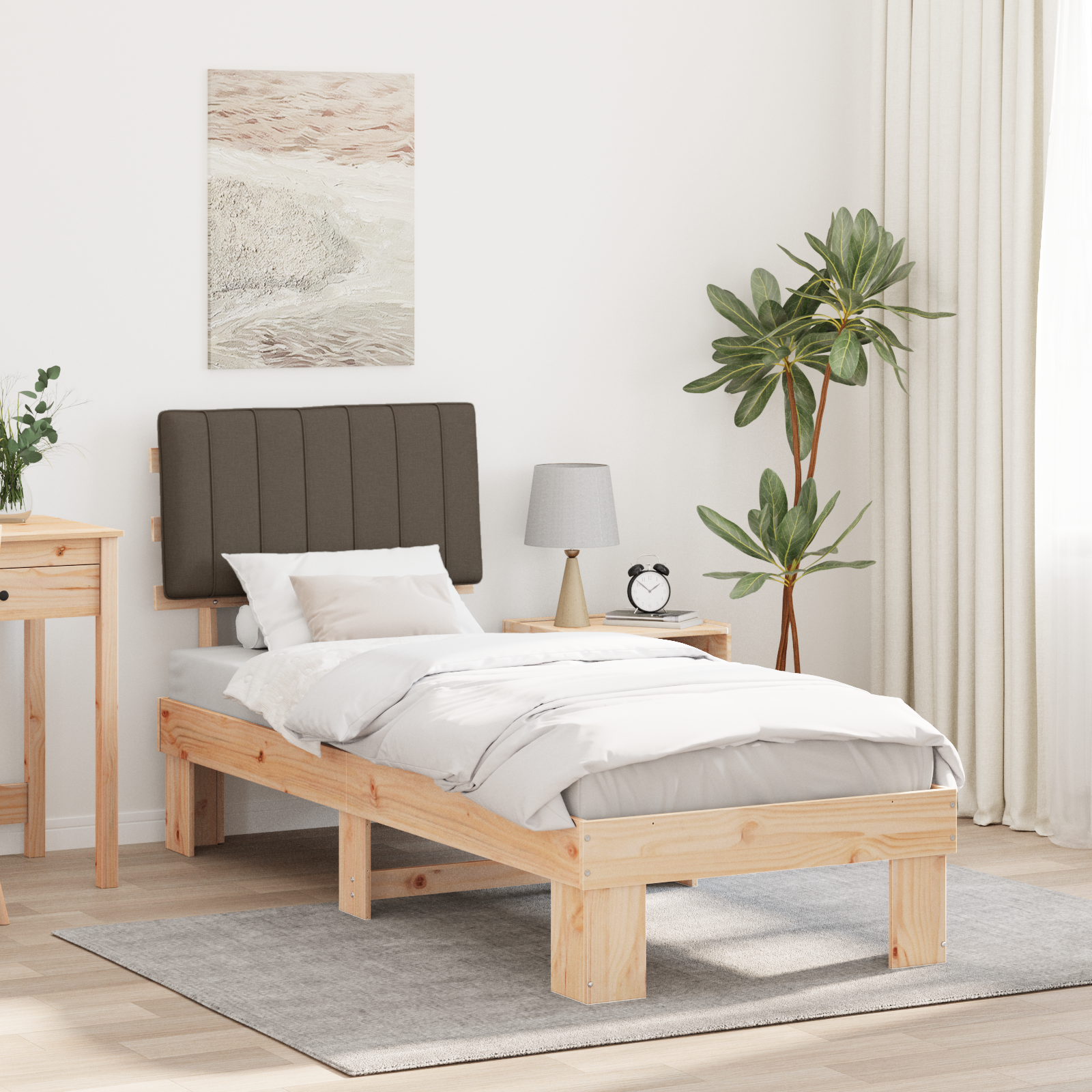 Sängram med Klädd Huvudgavel Taupe 80 x 200 cm Massiv furu