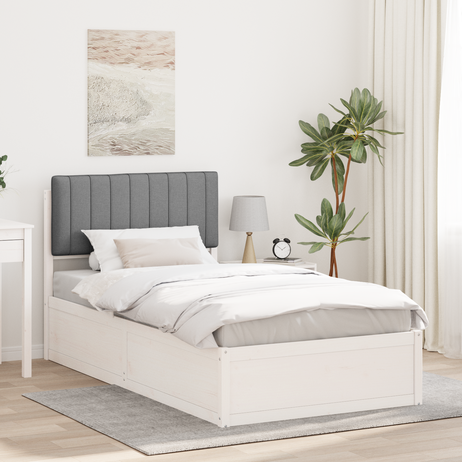 Sängram med Klädd Huvudgavel Ljusgrå 100 x 200 cm Massiv furu
