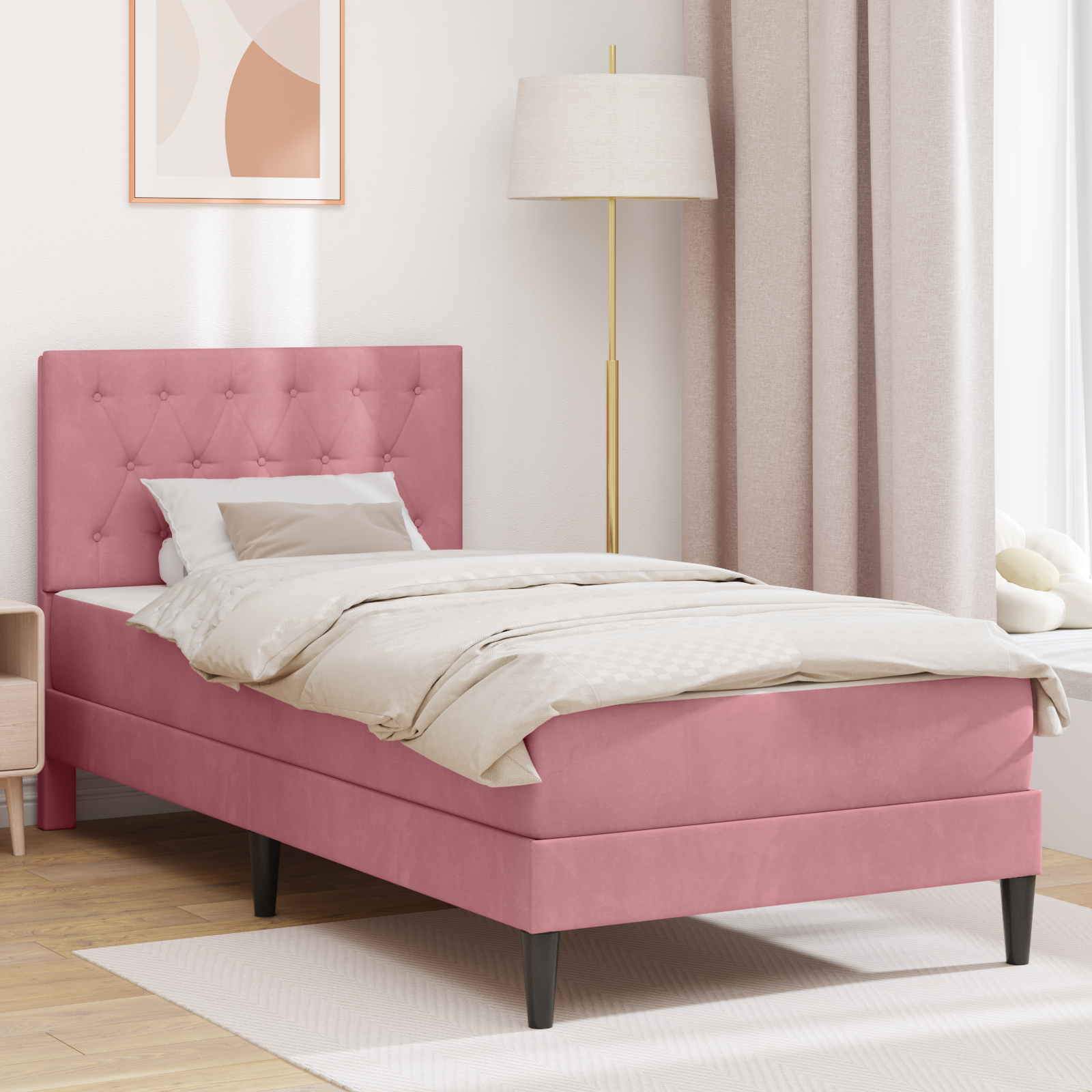 Sängram med madrass med huvudgavel Rosa 100 x 200 cm Sammet
