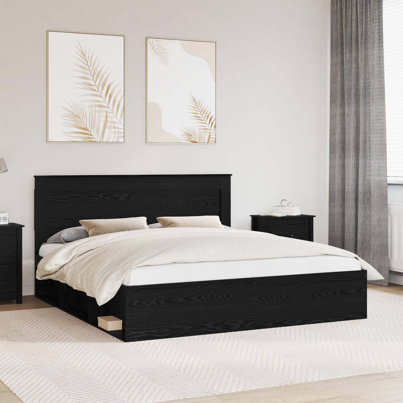 Sängram med huvudgavel Svart 200 x 200 cm Massiv furu