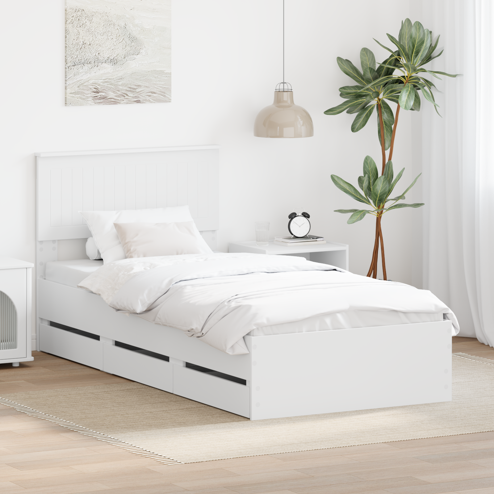 Sängram med låda med huvudgavel Vit 90 x 200 cm Ingenjörsträ