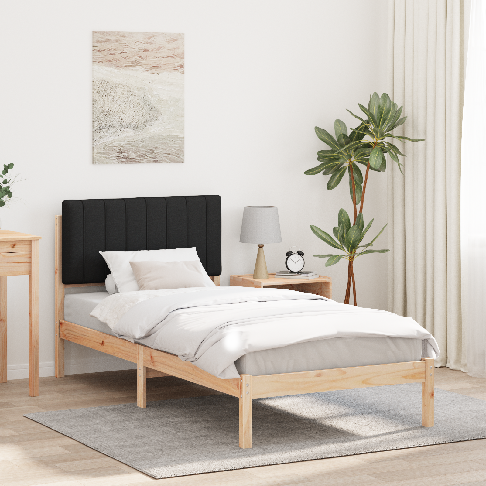 Sängram med Klädd Huvudgavel Svart 90 x 190 cm Massivt furu