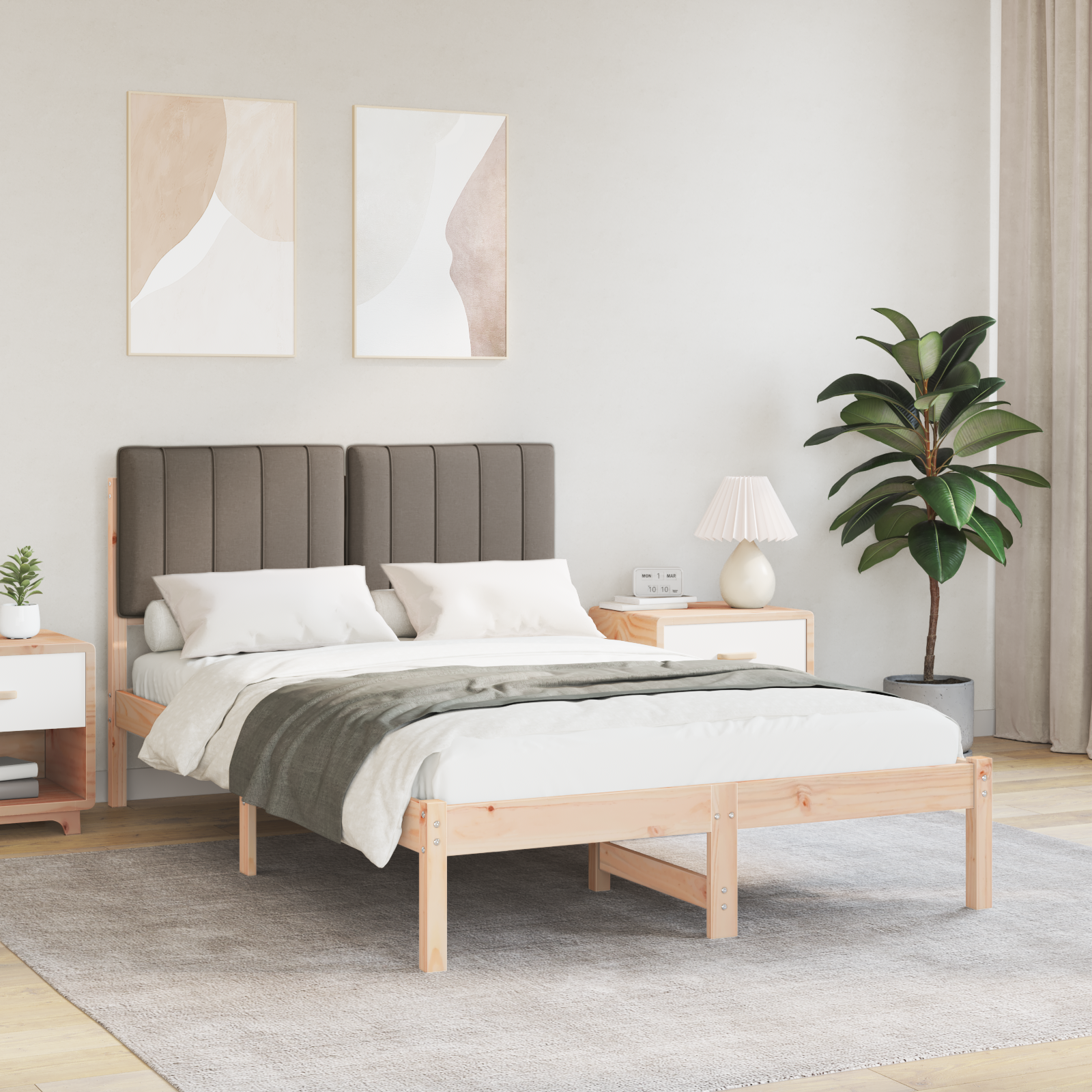 Sängram med Klädd Huvudgavel Taupe 120 x 190 cm Massivt furu