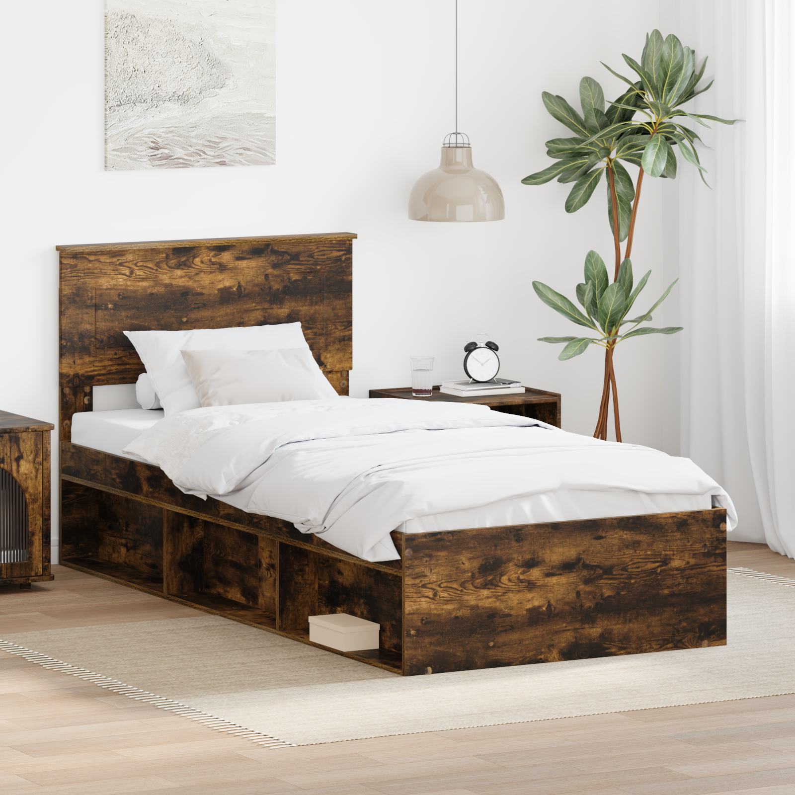 Sängram med huvudgavel Rökt ek 100 x 200 cm Konstruerat trä