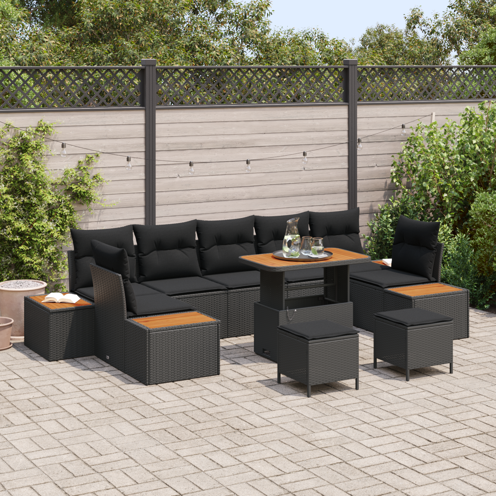 Trädgårdsoffset med kudde med lagring 10 pcs Svart Poly rattan