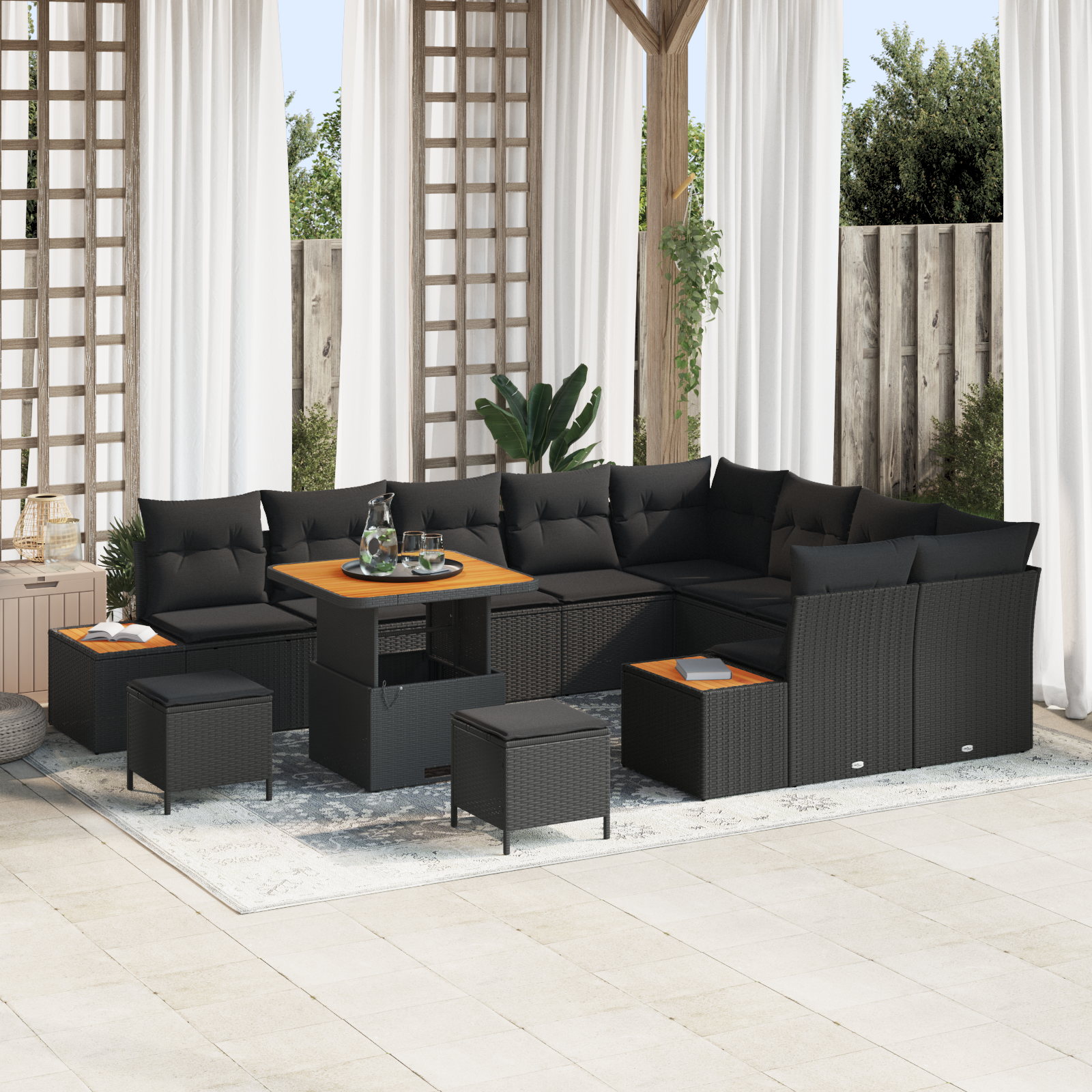 Trädgårdsoffset med kudde med lagring 12 pcs Svart Poly rattan