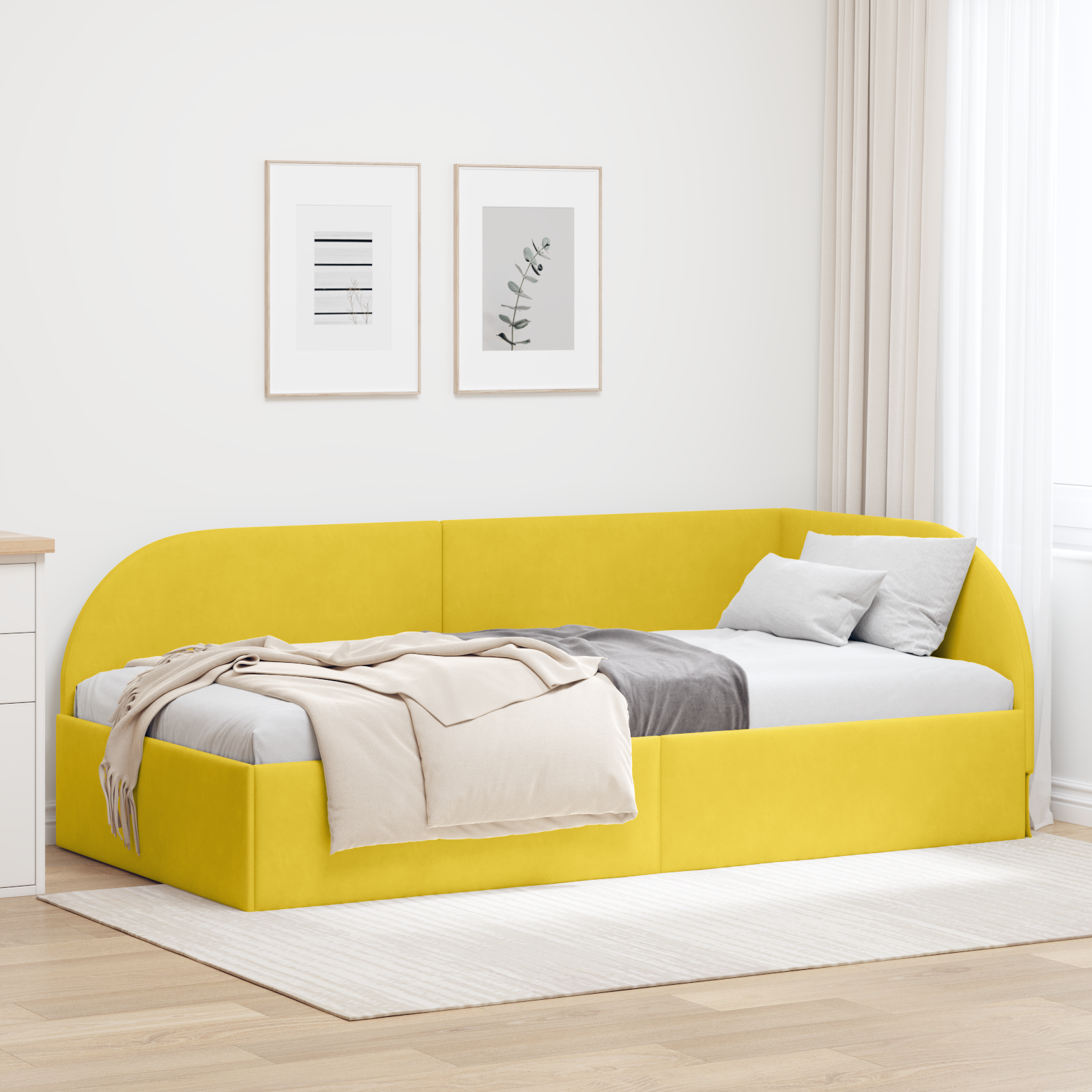 Hörn Sängram med huvudgavel Gul 90 cm x 200 cm Sammet