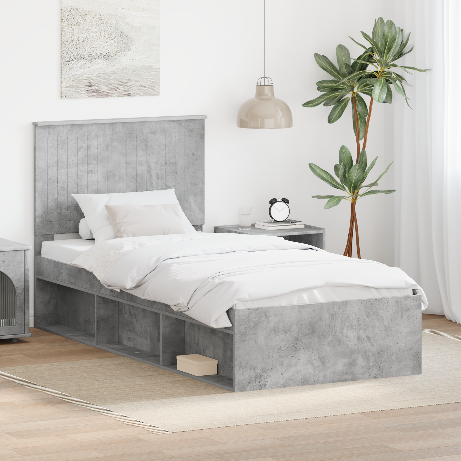 Sängram med huvudgavel Betonggrå 90 x 190 cm Massiv furu