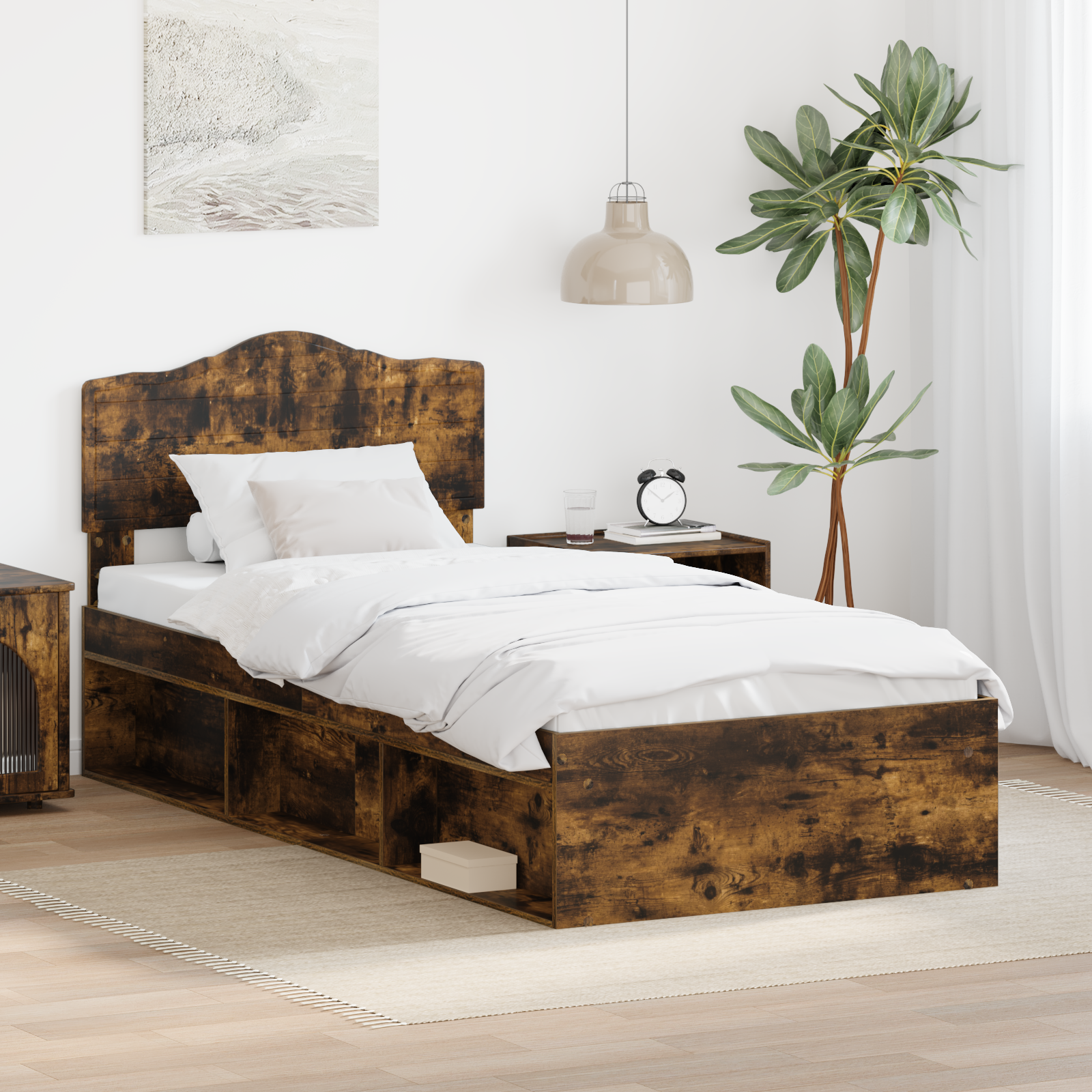 Sängram med huvudgavel Rökt ek 100 x 200 cm Massiv furu