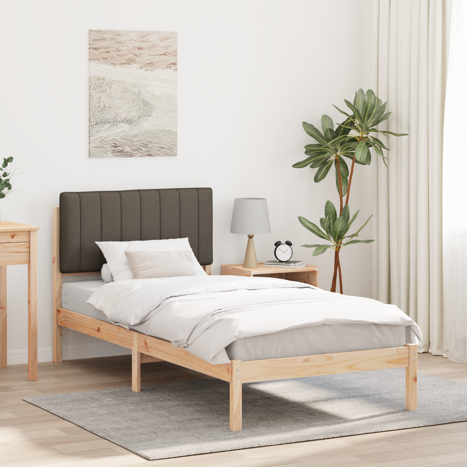 Sängram med Klädd Huvudgavel Naturlig och Taupe 90 x 200 cm