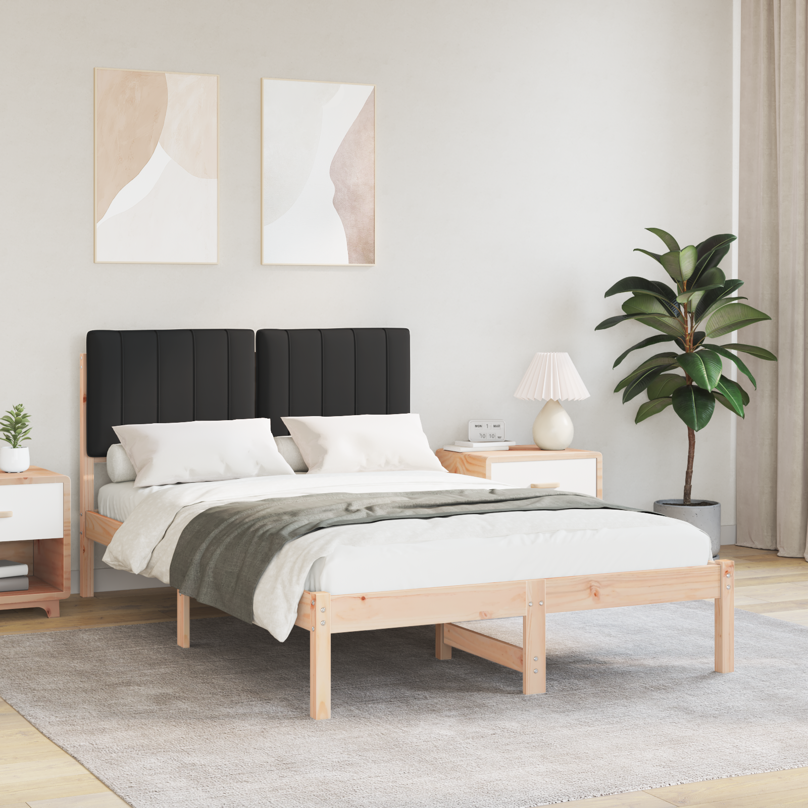 Sängram med Klädd Huvudgavel Svart 120 x 190 cm Massivt furu