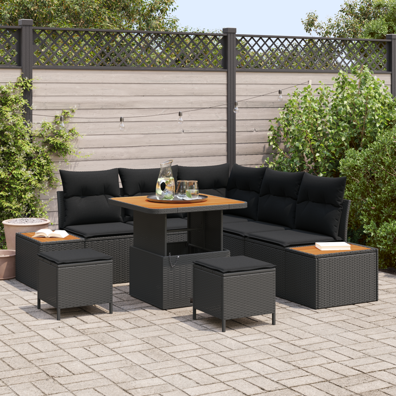 Trädgårdsoffset med kudde med lagring 8 pcs Svart Poly rattan