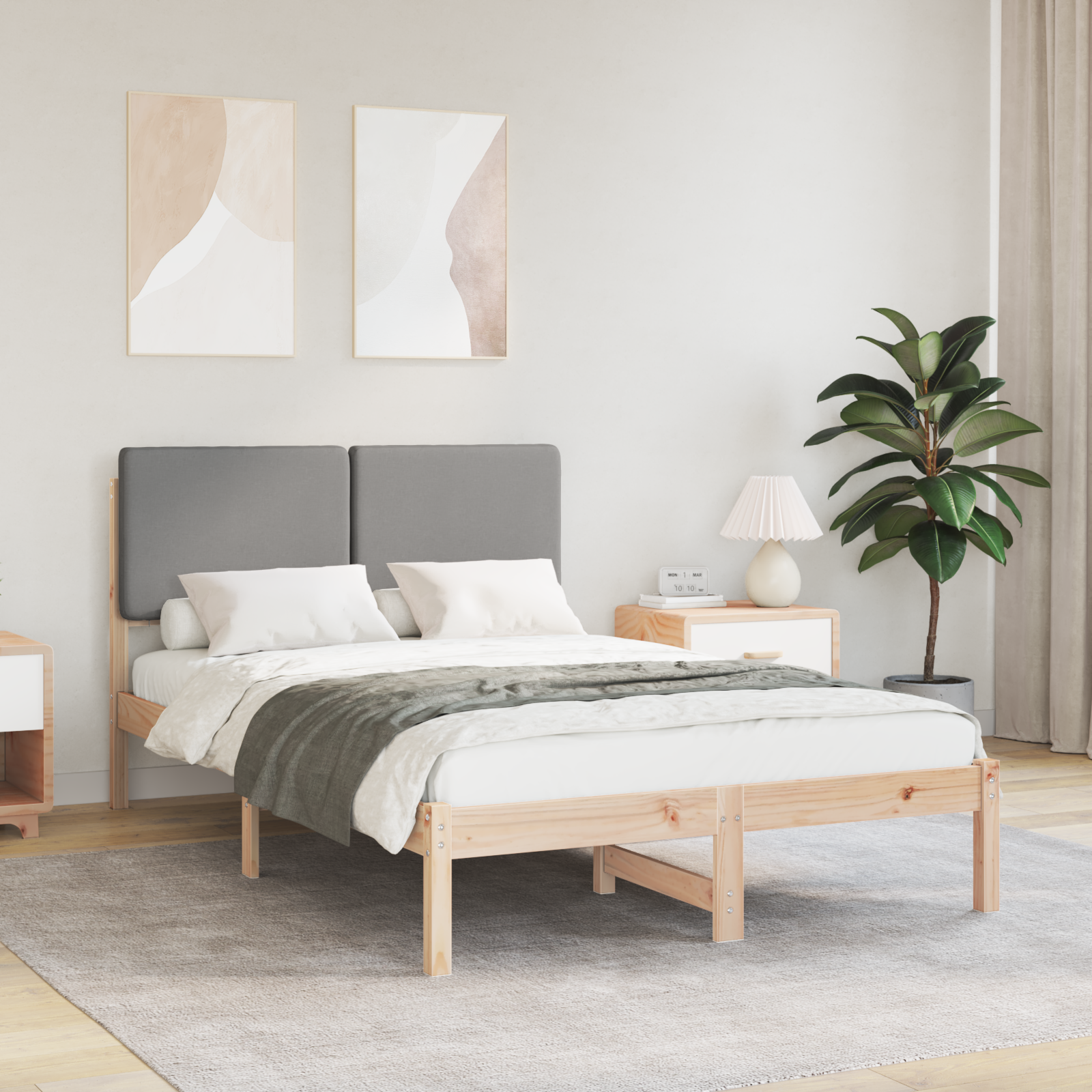 Sängram med Klädd Huvudgavel Ljusgrå 120 x 200 cm Massiv furu