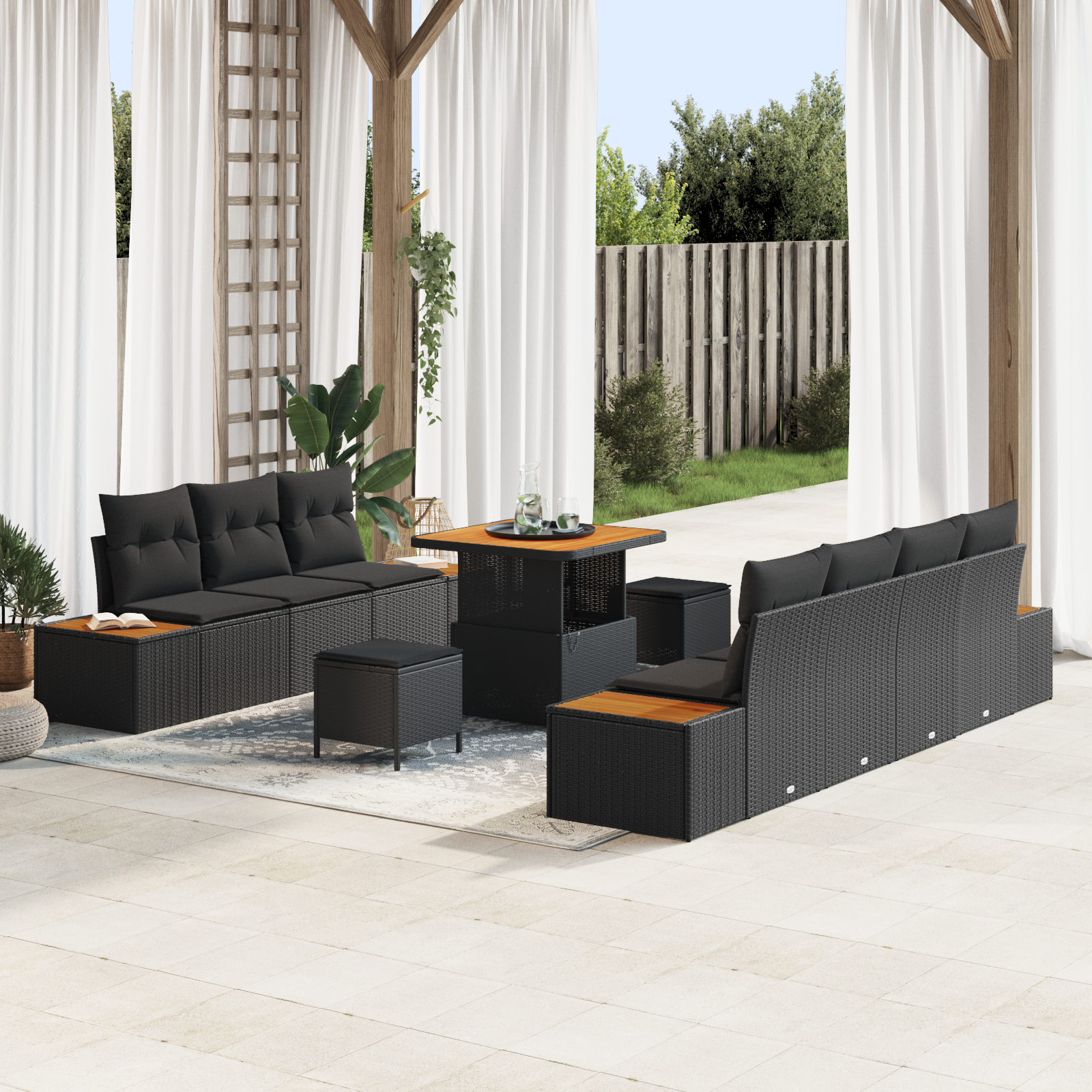 Trädgårdsoffset med kudde med lagring 10 pcs Svart Poly rattan