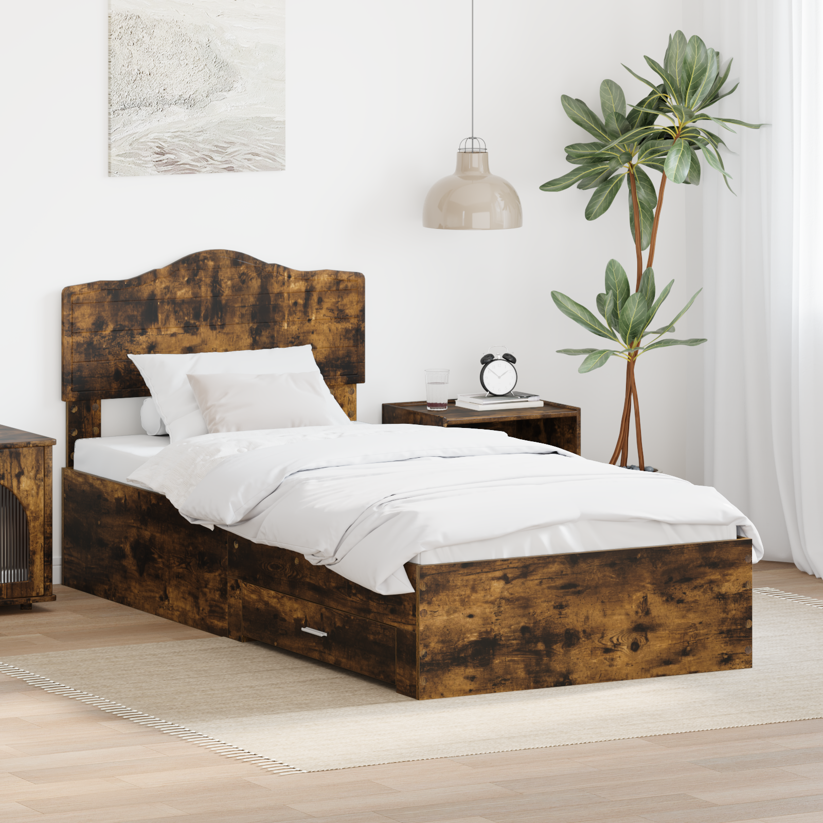 Sängram med huvudgavel Rökt ek 90 x 200 cm Konstruerat trä