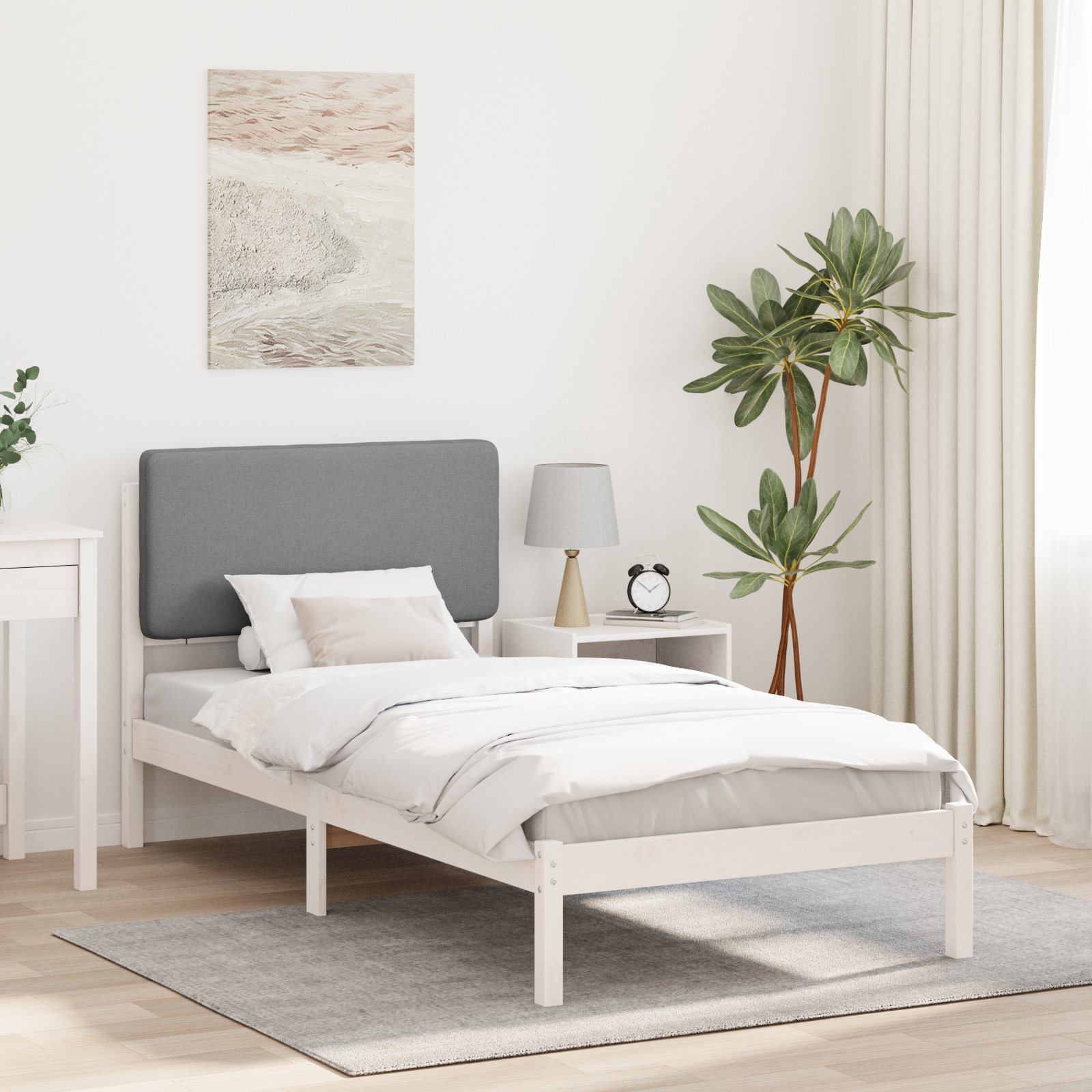 Sängram med Klädd Huvudgavel Ljusgrå 75 x 190 cm Massiv furu