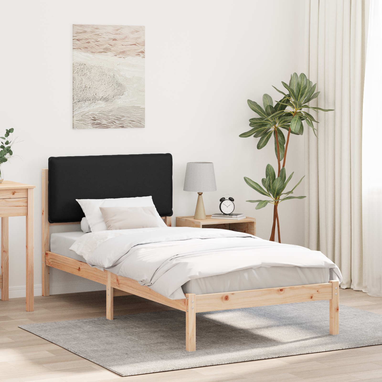 Sängram med Klädd Huvudgavel Svart 90 x 190 cm Massivt furu