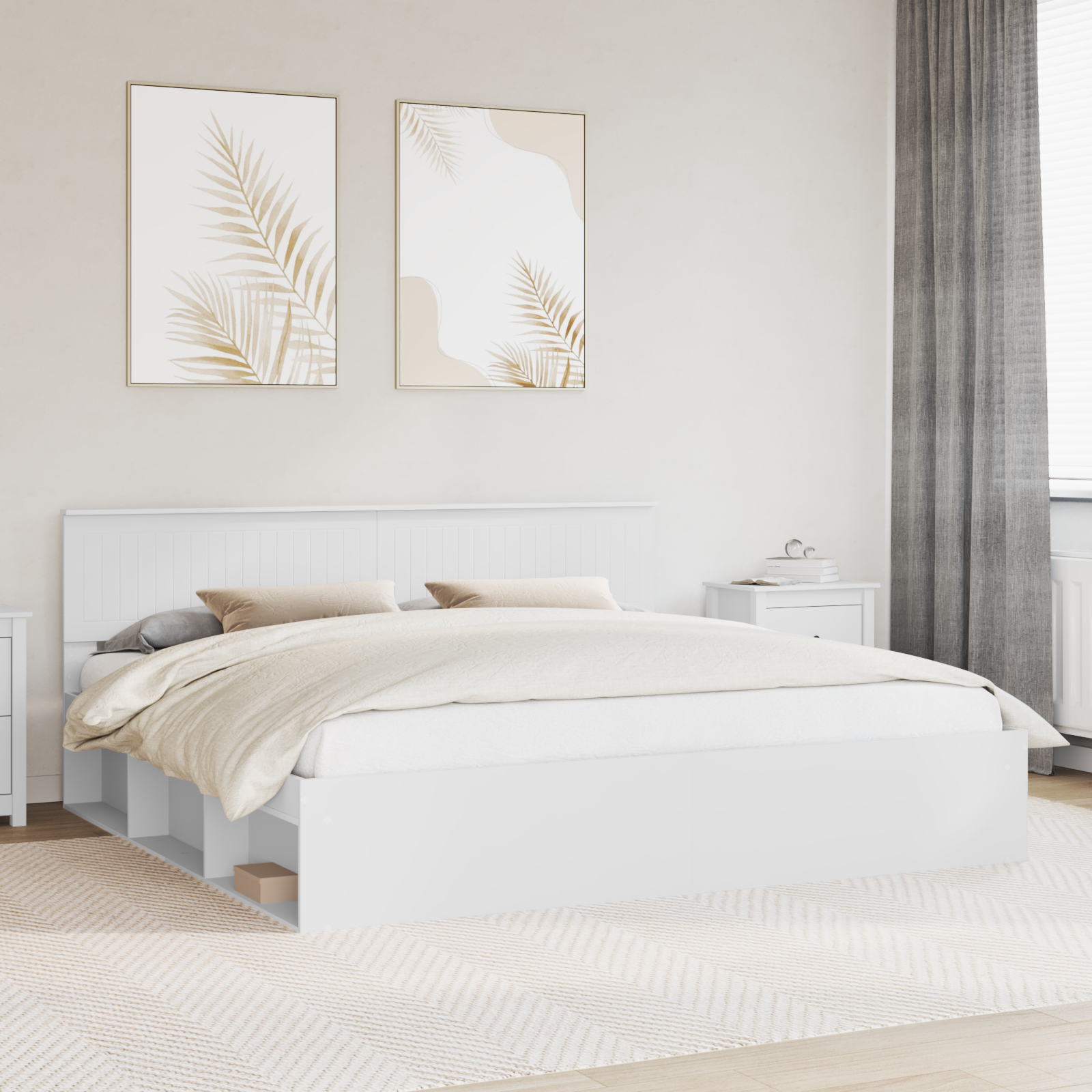 Sängram med huvudgavel Vit 200 x 200 cm Massiv furu