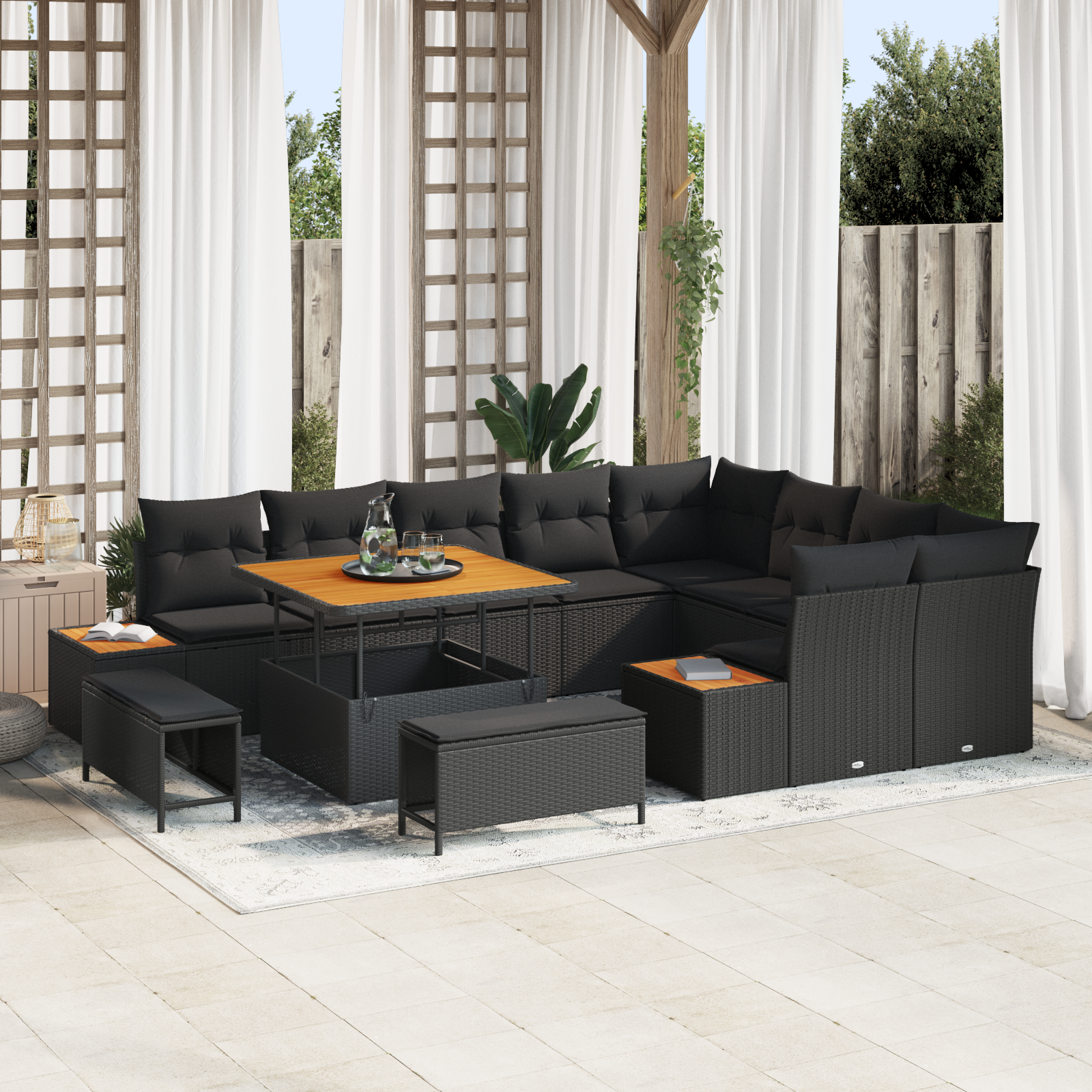 Trädgårdsoffset med kudde med lagring 12 pcs Svart Poly rattan