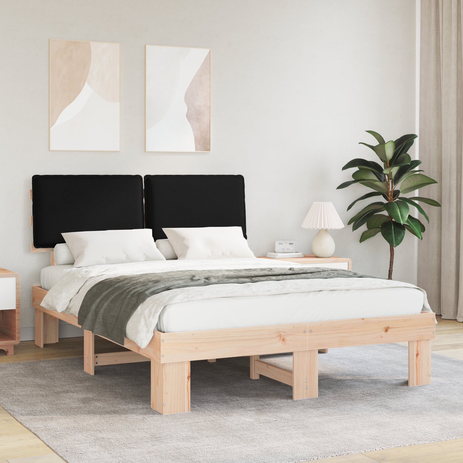 Sängram med Klädd Huvudgavel Svart 150 x 200 cm Massiv furu