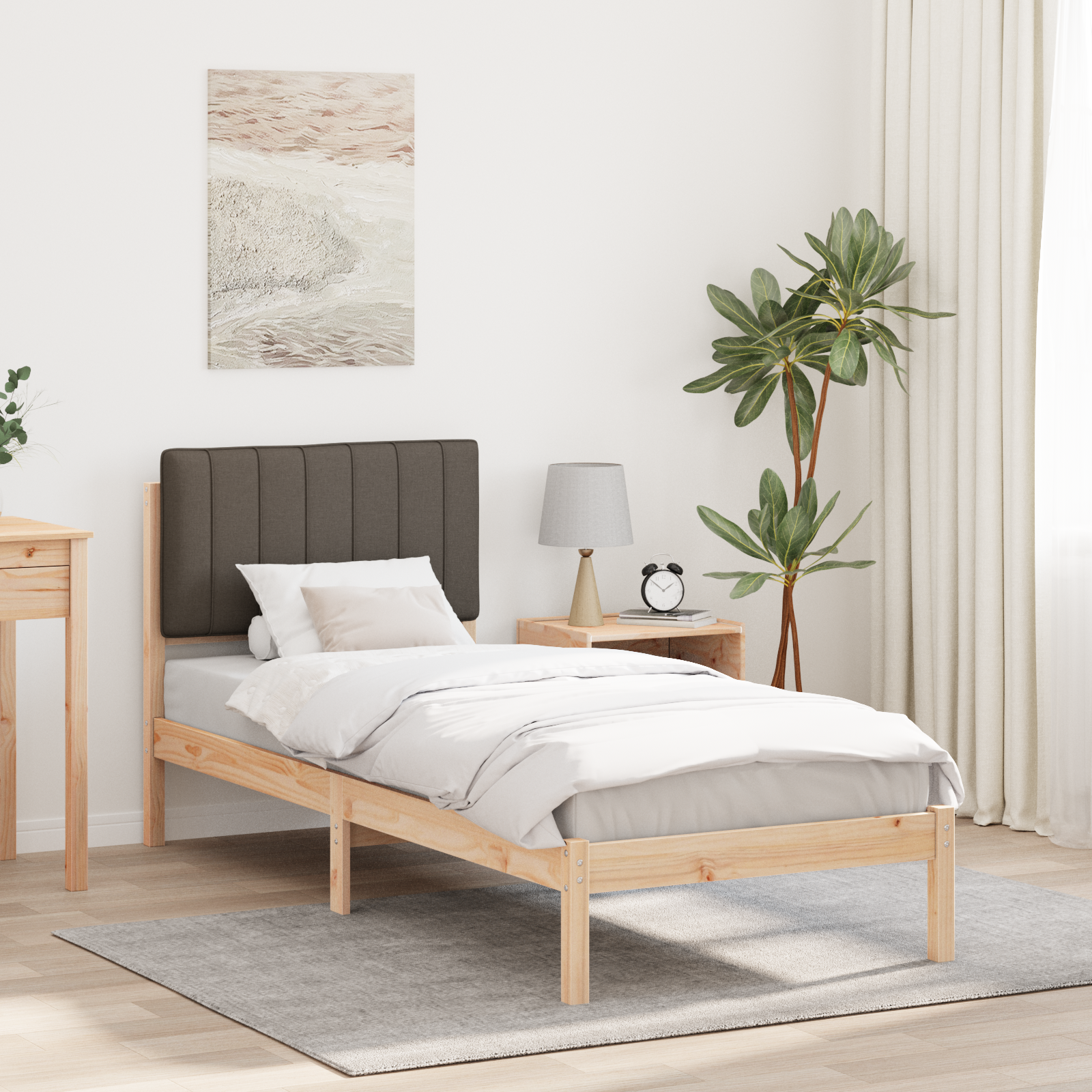 Sängram med Klädd Huvudgavel Taupe 80 x 200 cm Massivt furu