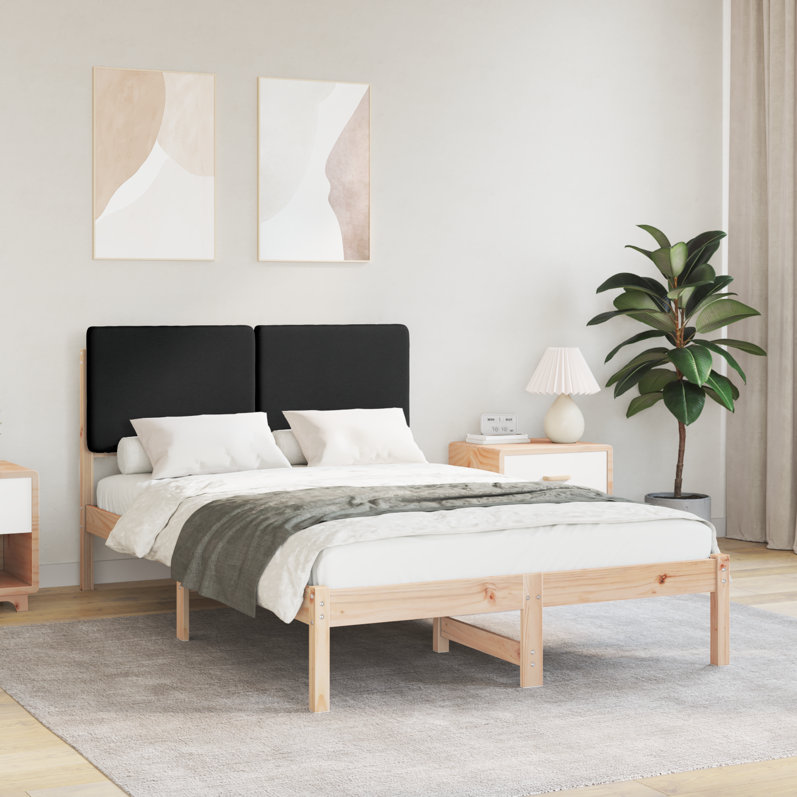 Sängram med Klädd Huvudgavel Svart 135 x 190 cm Massiv furu
