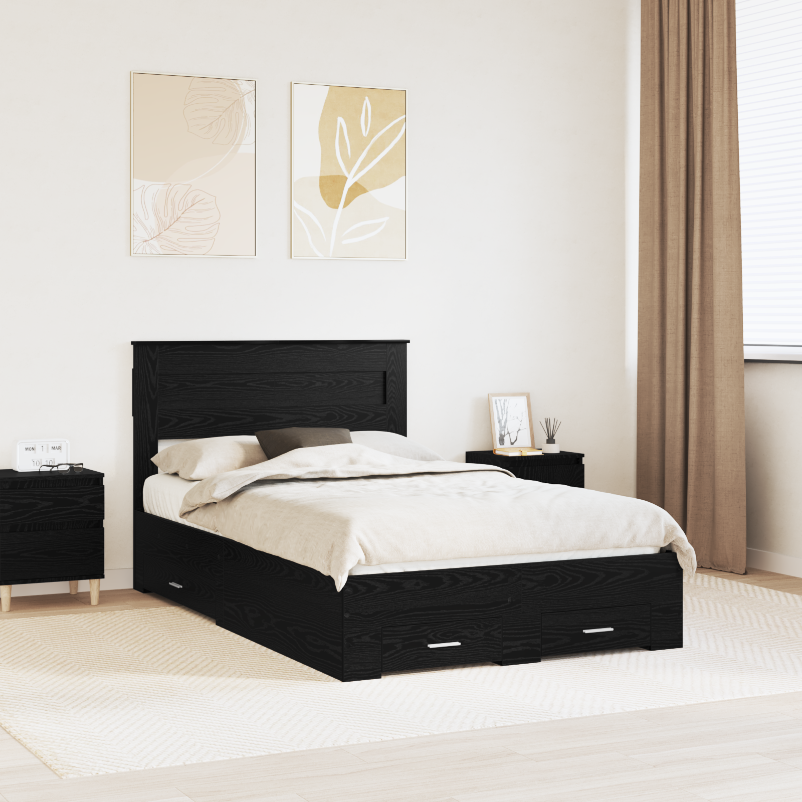 Sängram med huvudgavel Svart Ek 135 x 190 cm Konstruerat trä
