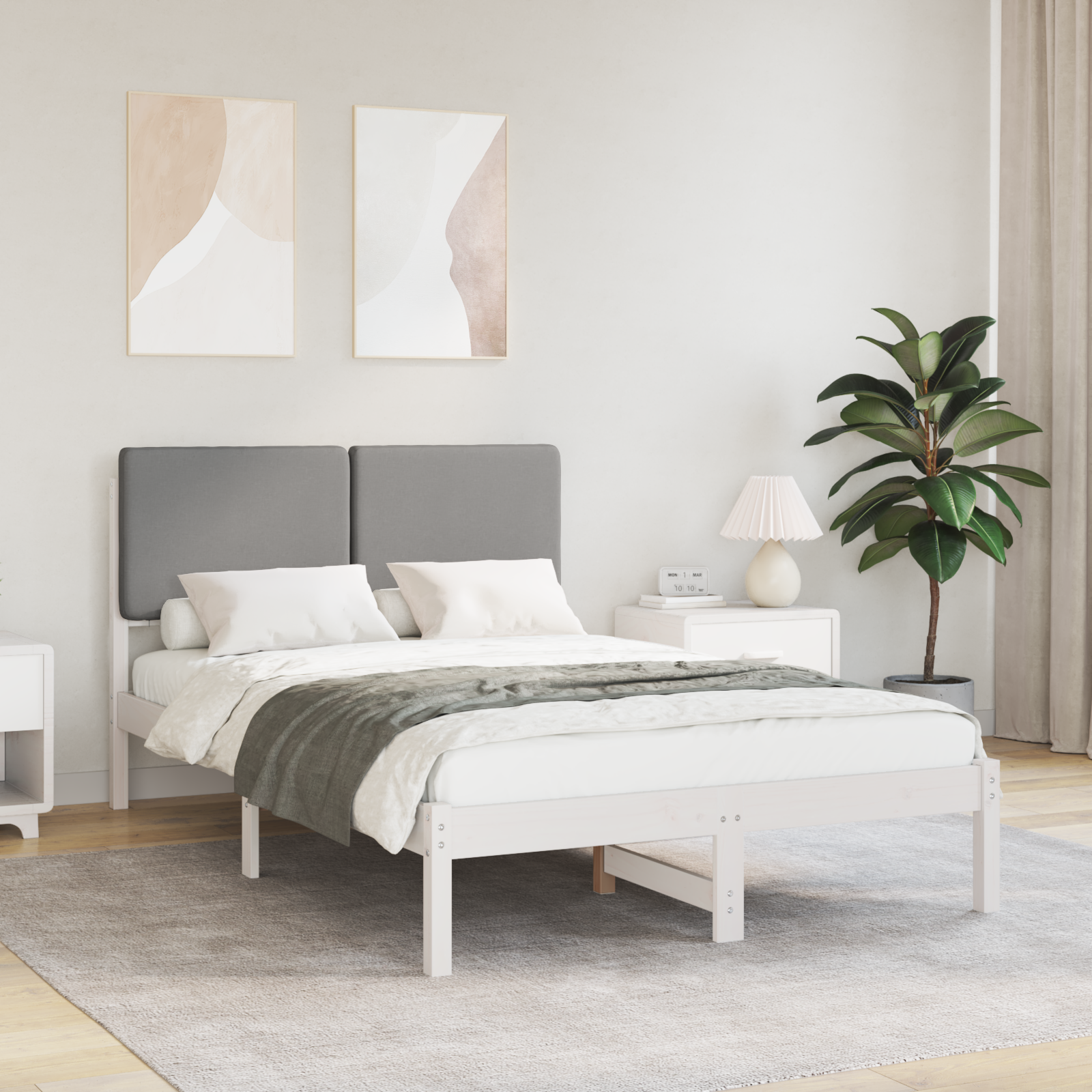 Sängram med Klädd Huvudgavel Ljusgrå 135 x 190 cm Massiv furu