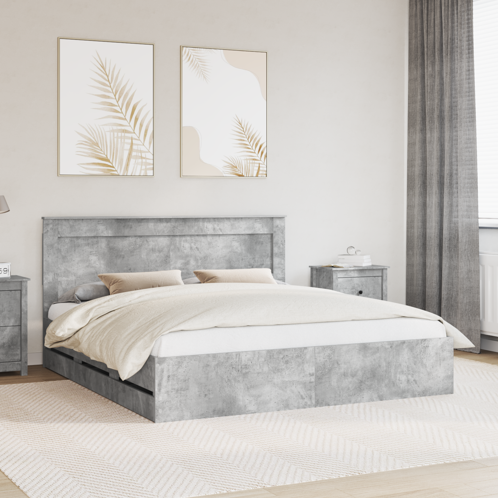 Sängram med låda Betonggrå 200 x 200 cm Ingenjörsträ