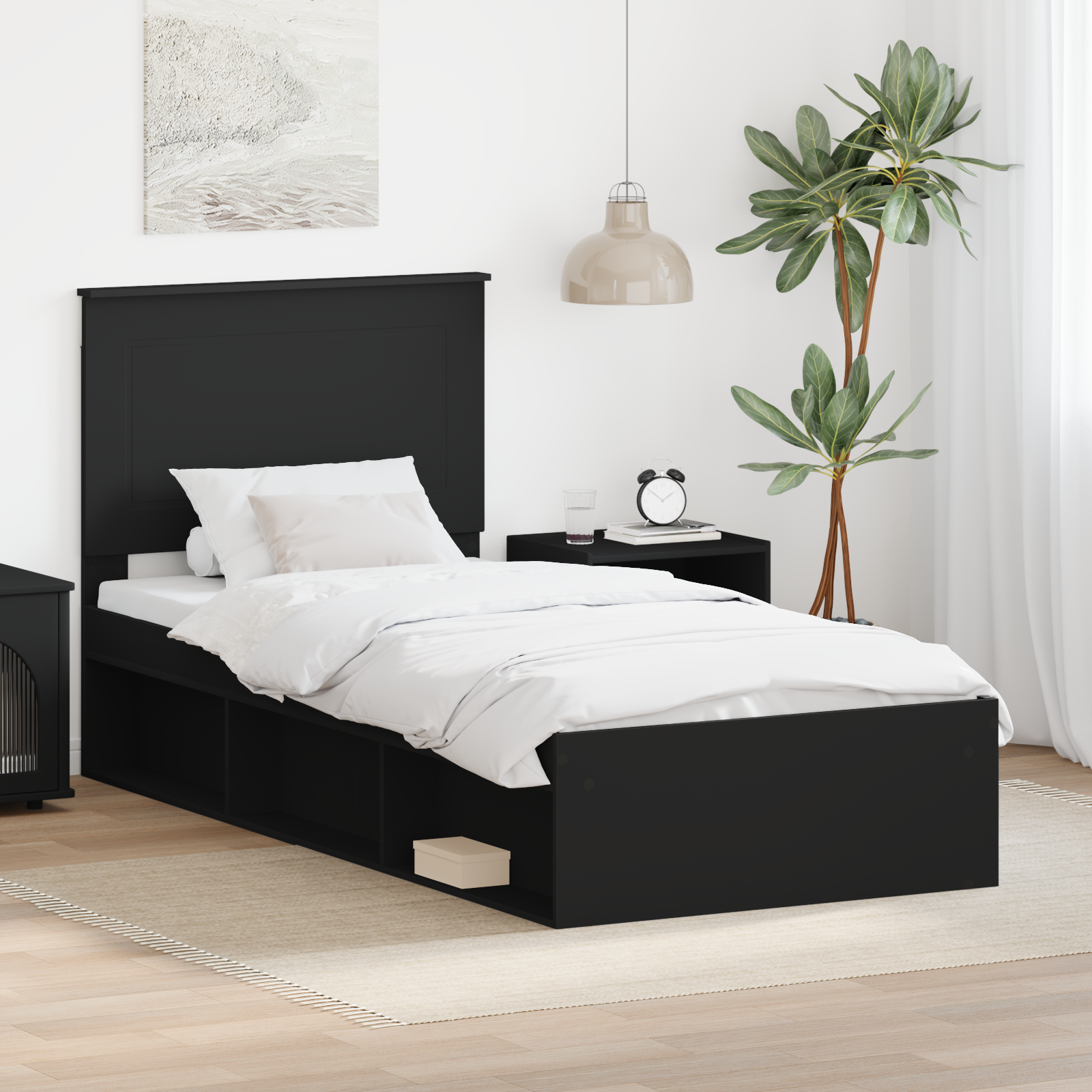 Sängram med huvudgavel Svart 90 x 200 cm Massiv furu