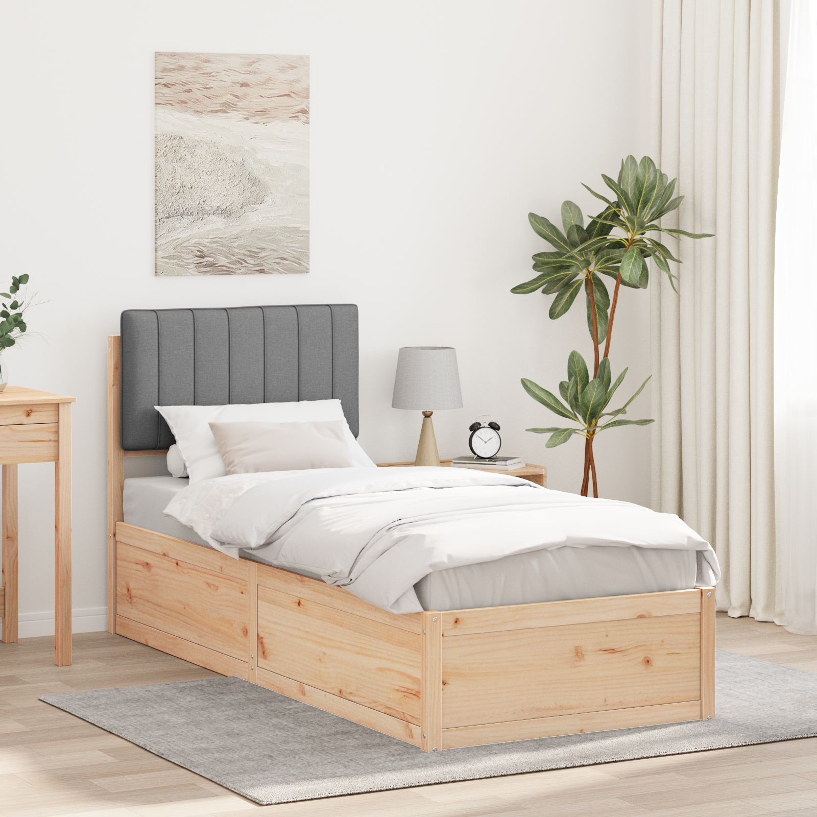 Sängram med Klädd Huvudgavel Ljusgrå 75 x 190 cm Massiv furu
