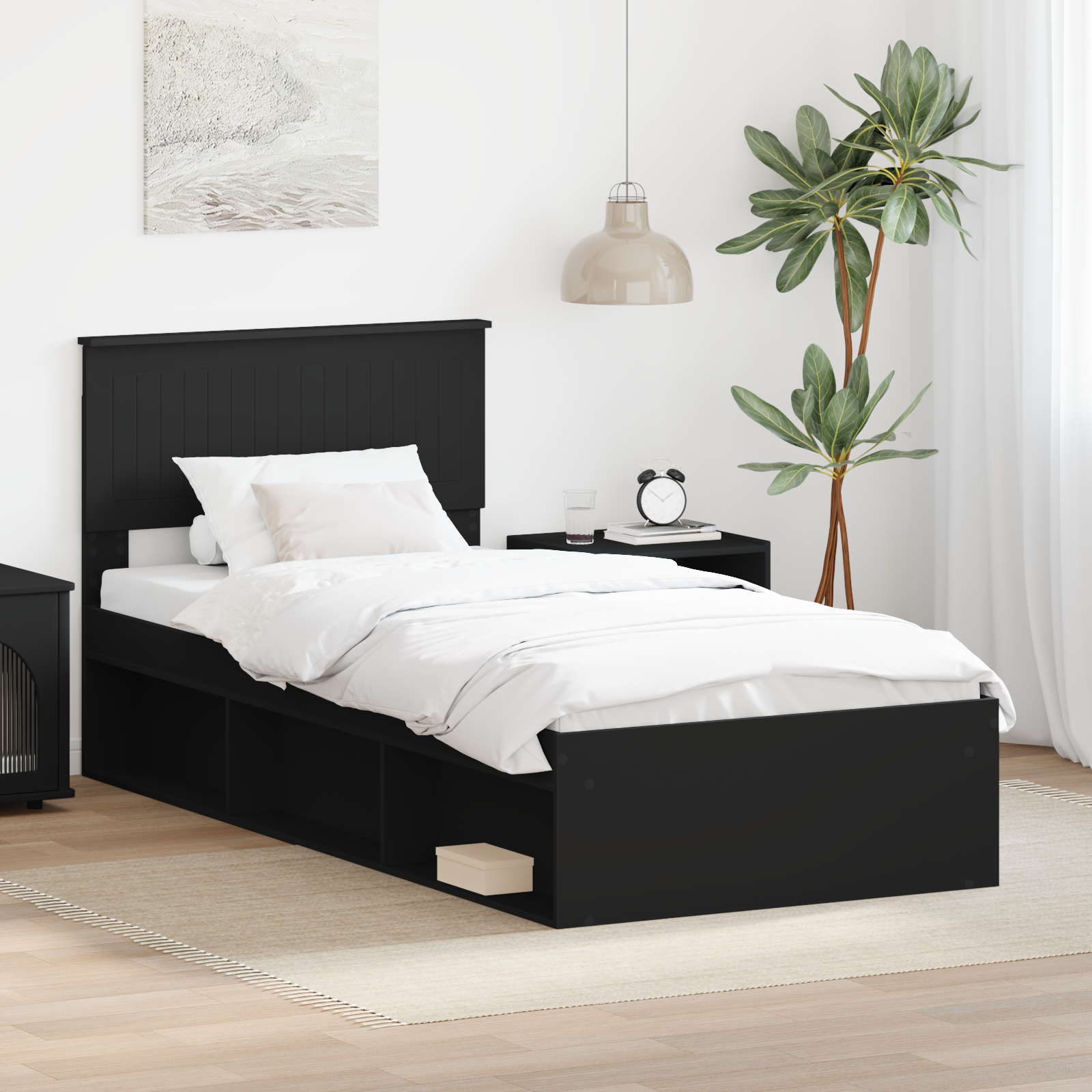 Sängram med huvudgavel Svart 90 x 190 cm Massiv furu