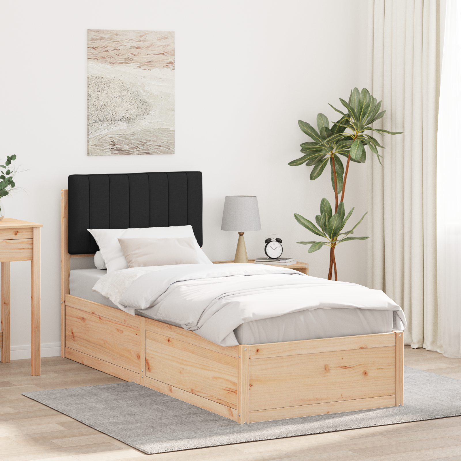 Sängram med Klädd Huvudgavel Svart 80 x 200 cm Massiv furu